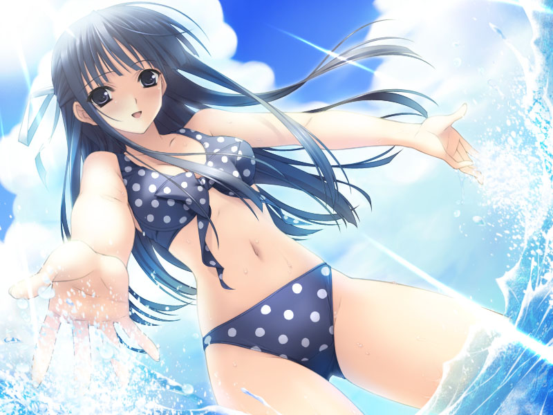 suzuhira hiro, migiwa kazuha, yosuga no sora, game cg, 1girl, bikini, black eyes, black hair, cloud, day, dutch angle, female focus, long hair, polka dot, polka dot bikini, polka dot swimsuit, ribbon, sky, smile, solo, splashing, standing, swimsuit, wading, water
