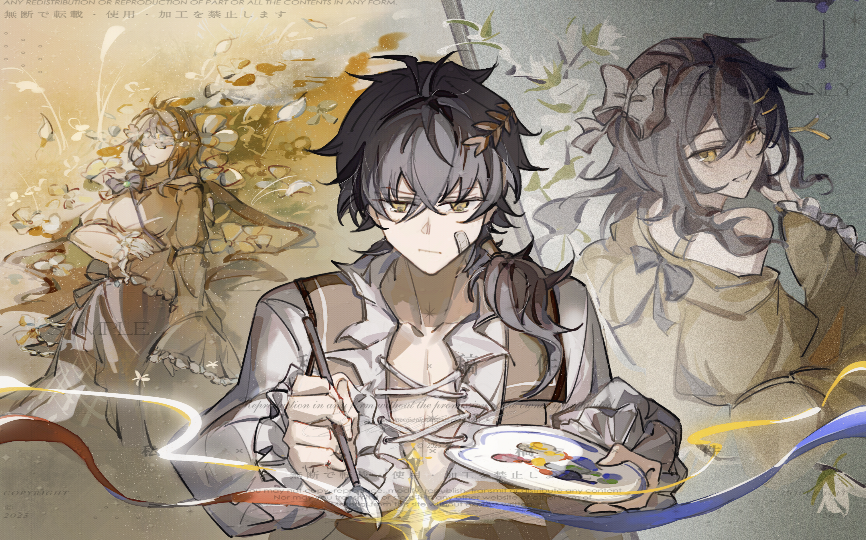 female rover (wuthering waves), male rover (wuthering waves), rover (wuthering waves), wuthering waves, chinese commentary, commentary request, highres, 1boy, 1girl, alternate costume, black bow, black hair, bow, brown vest, collarbone, dual persona, hair between eyes, hair bow, hand up, holding, holding paint palette, holding paintbrush, laurel crown, mijiu163, open clothes, open shirt, paint palette, paintbrush, shirt, smile, vest, white shirt, yellow eyes