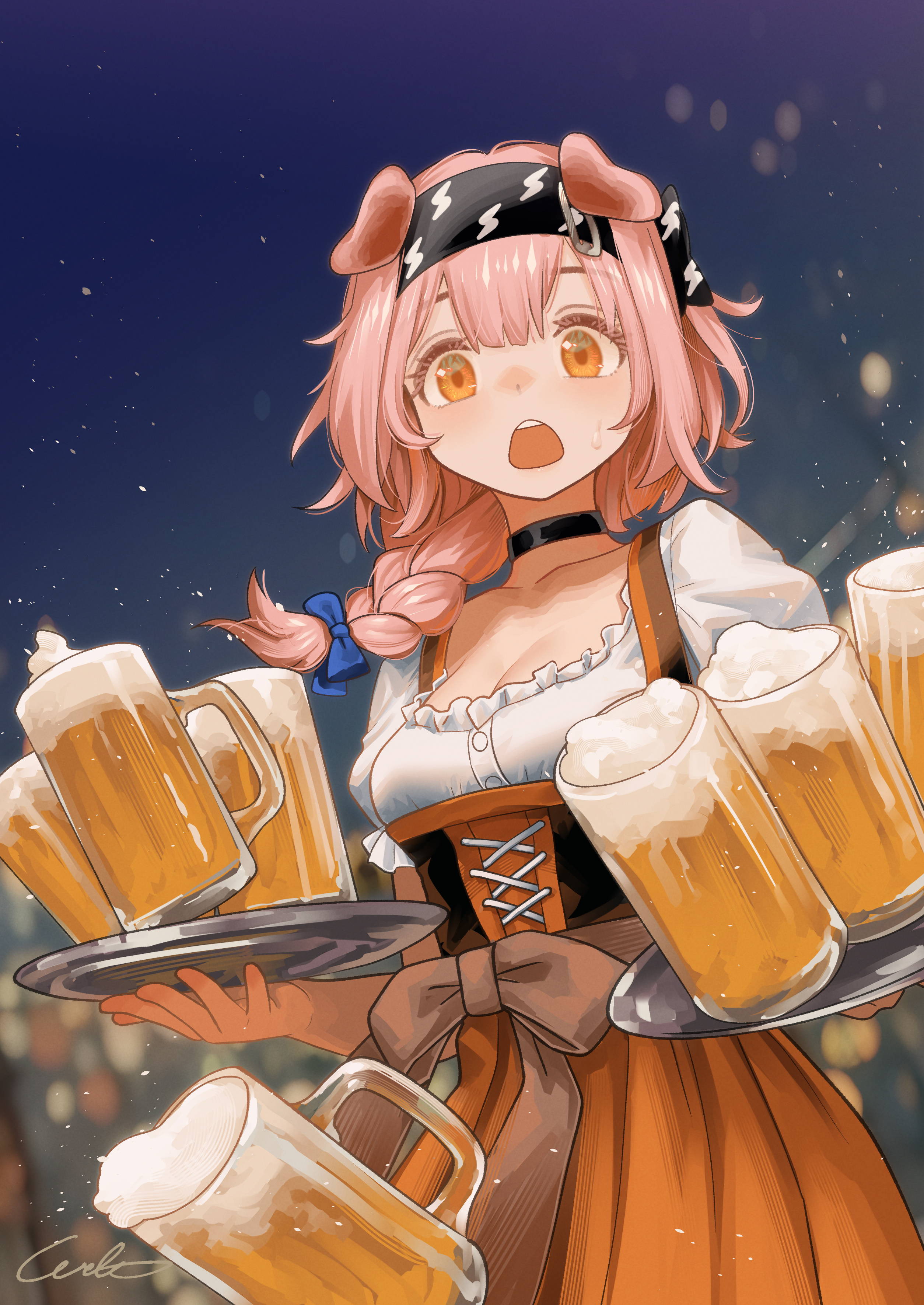 welt (kinsei koutenkyoku), goldenglow (arknights), arknights, absurdres, commentary, highres, 1girl, alcohol, alternate costume, animal ears, beer, beer mug, blue bow, bow, braid, breasts, cat ears, cat girl, cup, dirndl, german clothes, holding, long hair, medium breasts, mug, oktoberfest, open mouth, pink hair, solo