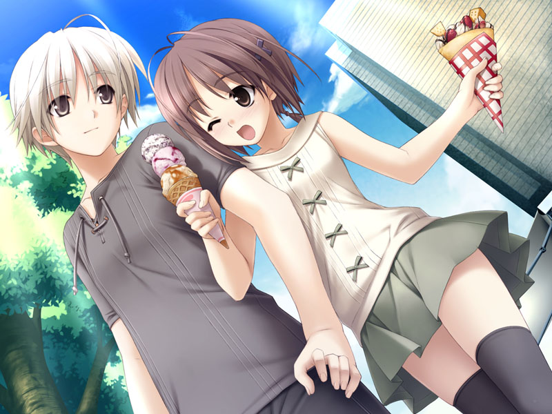 hashimoto takashi, amatsume akira, kasugano haruka, yosuga no sora, game cg, 1boy, 1girl, antenna hair, blinking, blush, brown eyes, brown hair, couple, crepe, dating, dutch angle, food, hetero, ice cream, ice cream cone, one eye closed, open mouth, ponytail, short hair, skirt, smile, thighhighs, waffle, white hair, wink, yosoganosora, zettai ryouiki