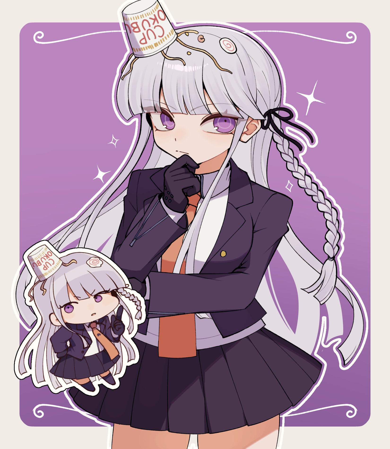 kirigiri kyoko, danganronpa: trigger happy havoc, danganronpa (series), highres, 1girl, black gloves, black jacket, black ribbon, braid, chibi, collared shirt, cup ramen, food, food on head, gloves, grey hair, hair ribbon, jacket, long hair, long sleeves, looking at viewer, mi shengwu 3.2 hao, miniskirt, necktie, object on head, open clothes, open jacket, pink background, pink eyes, ribbon, shirt, side braid, skirt, solo, thinking