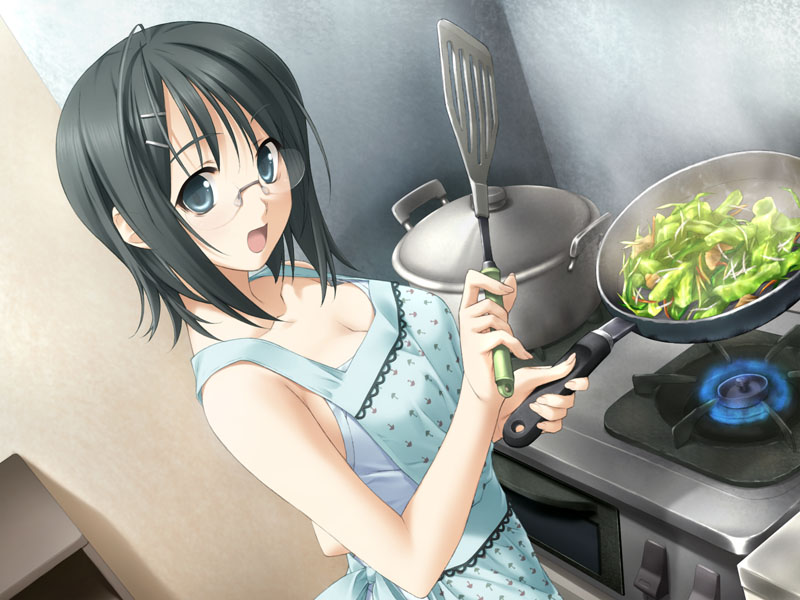 hashimoto takashi, yorihime nao, yosuga no sora, game cg, 1girl, apron, black hair, breasts, cleavage, cooking, female focus, food, frying pan, glasses, green eyes, open mouth, short hair, smile, solo, spatula, yosoganosora