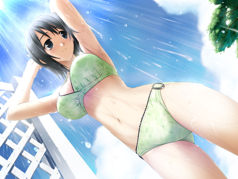 hashimoto takashi, yorihime nao, yosuga no sora, game cg, 1girl, bikini, black hair, breasts, dutch angle, female focus, from below, green bikini, green eyes, large breasts, no eyewear, o-ring, o-ring bottom, short hair, showering, smile, solo, swimsuit, yosoganosora