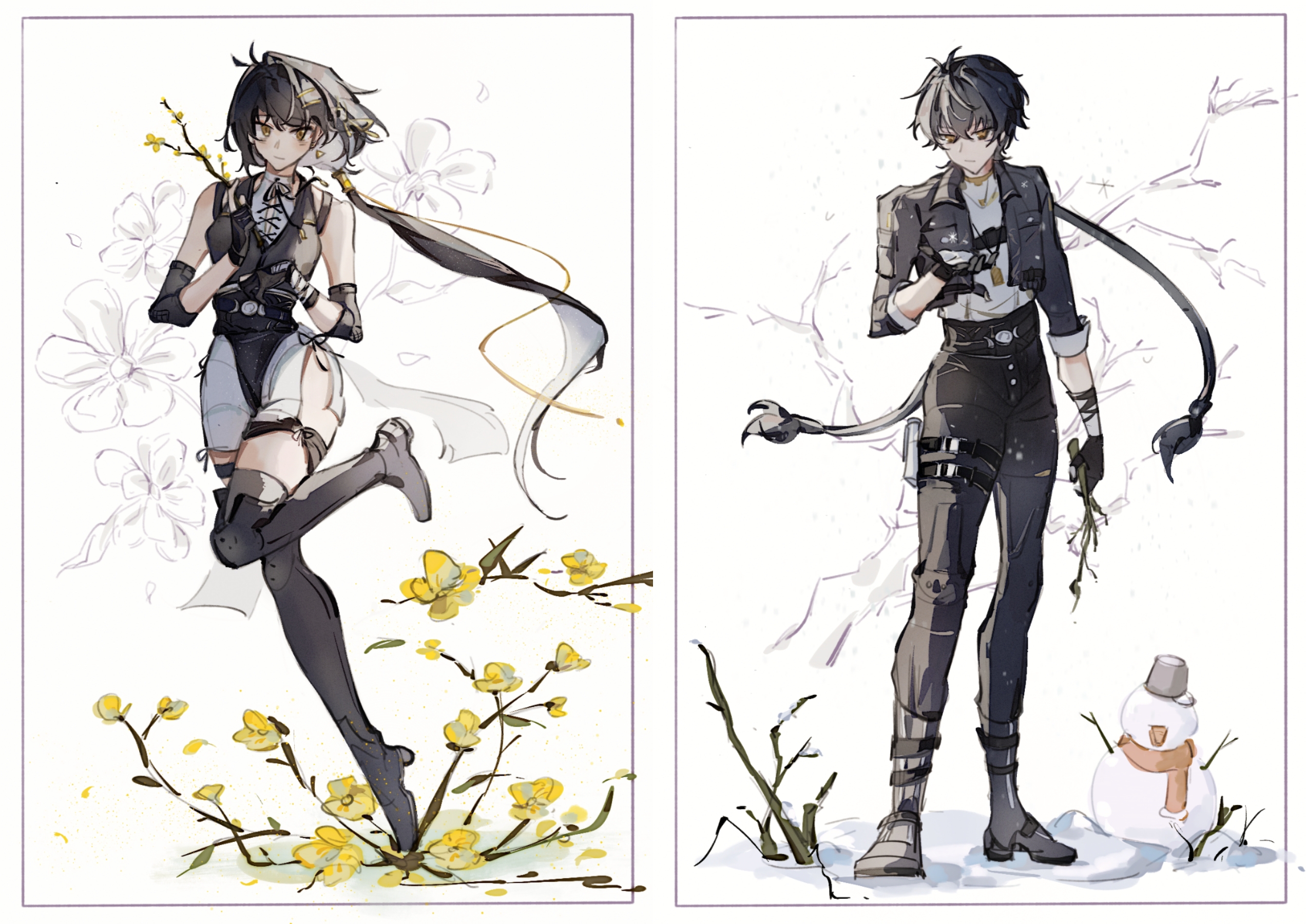 female rover (wuthering waves), male rover (wuthering waves), rover (wuthering waves), wuthering waves, chinese commentary, commentary request, highres, 1boy, 1girl, bare shoulders, black boots, black dress, black gloves, black hair, black jacket, black pants, boots, branch, breasts, closed mouth, collared jacket, dress, earrings, elbow pads, full body, gloves, grey shirt, hair between eyes, hair ornament, hairclip, hand up, holding, holding branch, jacket, jewelry, long hair, looking at hand, looking at viewer, low ponytail, medium breasts, mijiu163, open clothes, open jacket, pants, parallel hairclips, partially fingerless gloves, ponytail, pouch, shirt, sleeves rolled up, smile, snowman, standing, thigh boots, thigh pouch, triangle earrings, yellow eyes
