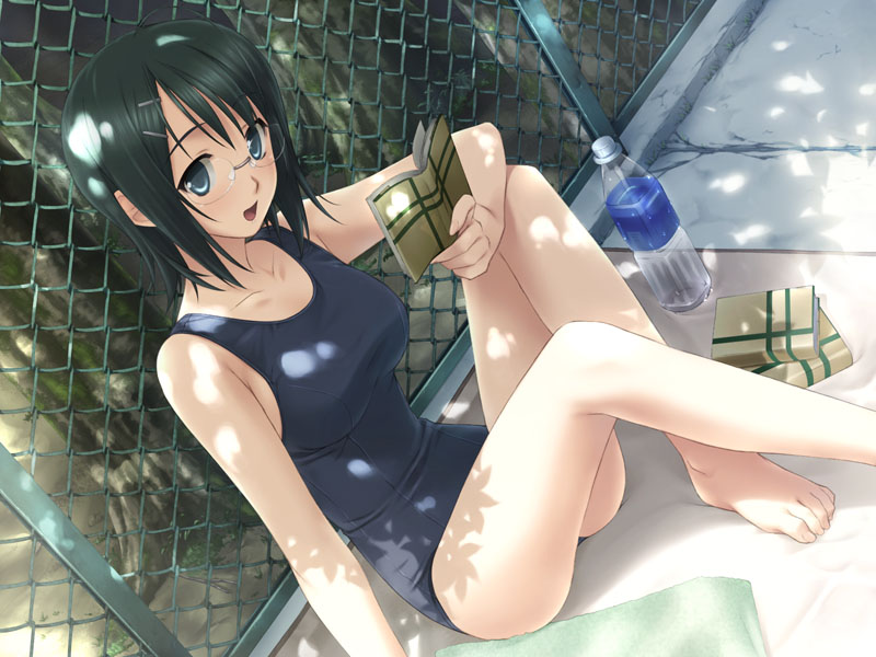hashimoto takashi, yorihime nao, yosuga no sora, game cg, 1girl, barefoot, black hair, book, breasts, chain-link fence, dappled sunlight, dutch angle, feet, female focus, fence, glasses, green eyes, large breasts, long legs, one-piece swimsuit, open book, open mouth, reading, school swimsuit, short hair, sitting, smile, solo, sunlight, swimsuit, towel, yosoganosora