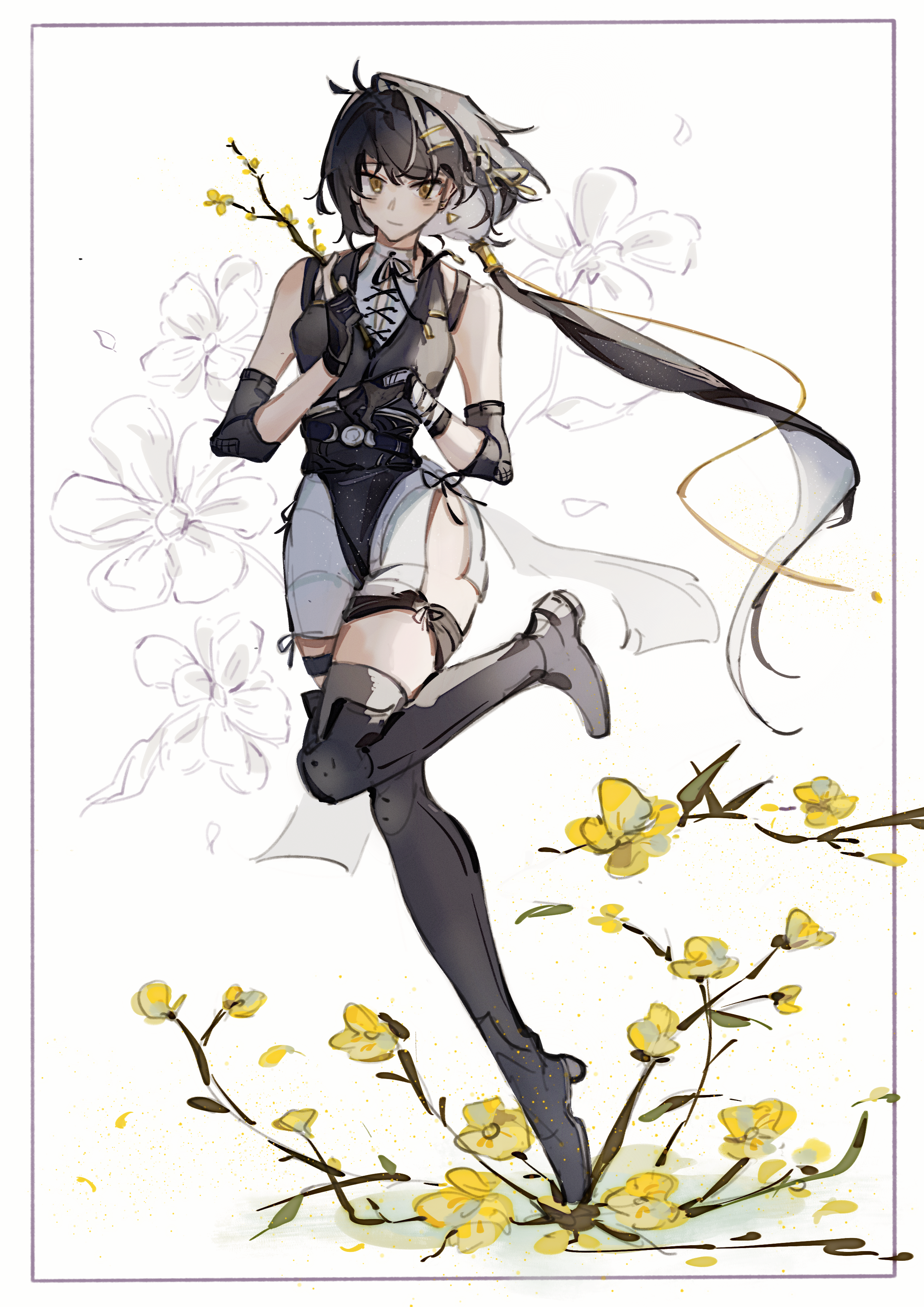 female rover (wuthering waves), rover (wuthering waves), wuthering waves, absurdres, chinese commentary, commentary request, highres, 1girl, bare shoulders, black boots, black dress, boots, breasts, closed mouth, dress, earrings, elbow pads, full body, gloves, hair ornament, hairclip, jewelry, long hair, looking at viewer, low ponytail, medium breasts, mijiu163, parallel hairclips, partially fingerless gloves, ponytail, smile, solo, thigh boots, triangle earrings, yellow eyes