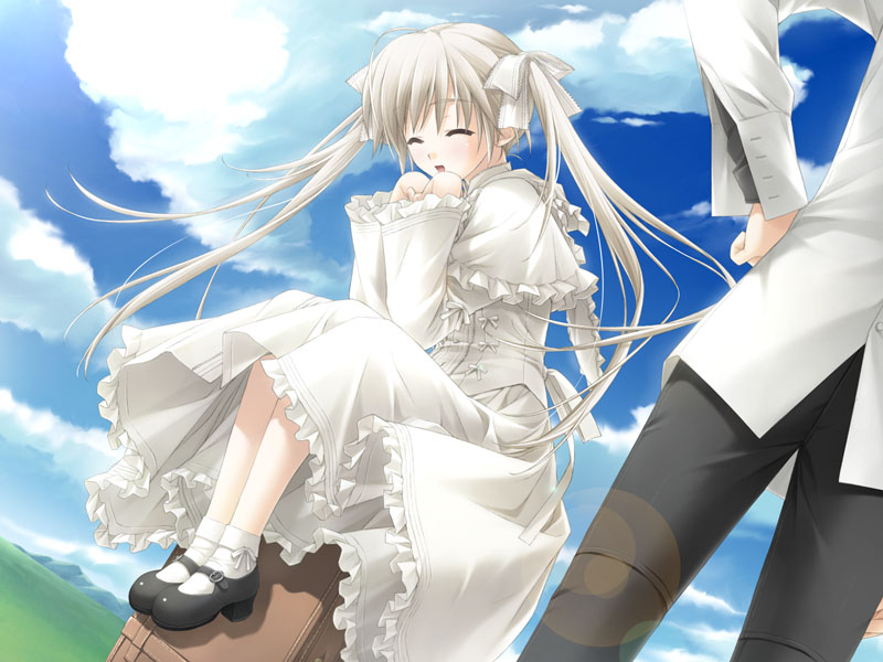 hashimoto takashi, kasugano sora, yosuga no sora, game cg, 1boy, 1girl, black eyes, blonde hair, bobby socks, bow, closed eyes, dress, field, flat chest, footwear bow, frilled dress, frills, long hair, mary janes, open mouth, ribbon, shoes, sitting, sky, smile, socks, solo focus, white dress, white hair