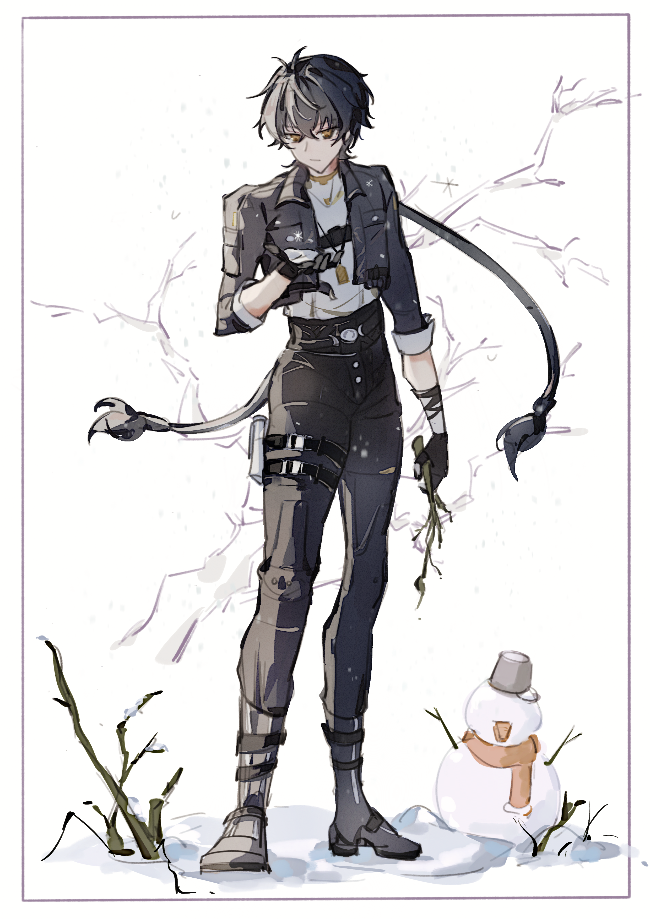 male rover (wuthering waves), rover (wuthering waves), wuthering waves, absurdres, chinese commentary, commentary request, highres, 1boy, black gloves, black hair, black jacket, black pants, branch, collared jacket, full body, gloves, grey shirt, hair between eyes, hand up, holding, holding branch, jacket, looking at hand, male focus, mijiu163, open clothes, open jacket, pants, pouch, shirt, sleeves rolled up, snowman, solo, standing, thigh pouch, yellow eyes
