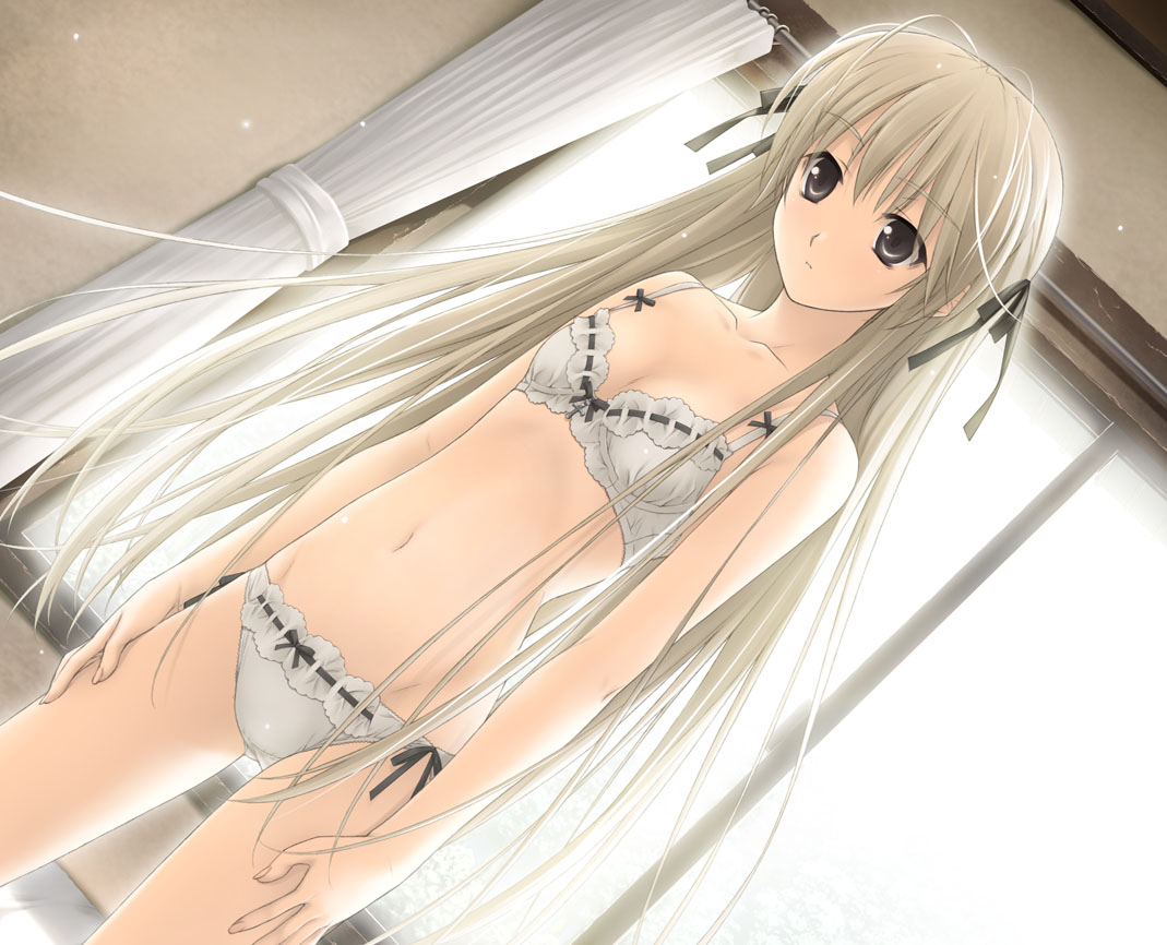 hashimoto takashi, kasugano sora, yosuga no sora, game cg, jpeg artifacts, 1girl, black eyes, blonde hair, bow, bow bra, bow panties, bra, breasts, dutch angle, female focus, flat chest, indoors, lingerie, long hair, matching underwear, navel, panties, ribbon, skinny, slender, small breasts, solo, underwear, underwear only, very long hair, white bra, white panties, window