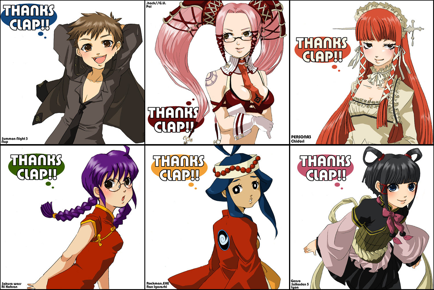 kero ko, lilly (mega man), lyon (suikoden), nup martini, pi (.hack//), ri kouran, yoshino chidori, .hack//, .hack//g.u., gensou suikoden, gensou suikoden v, mega man (series), mega man battle network, mega man battle network (series), persona, persona 3, sakura taisen, summon night, summon night 3, bad id, bad pixiv id, 1boy, 3girls, armor, black hair, blue eyes, blue hair, braid, brown eyes, brown hair, china dress, chinese clothes, dress, glasses, hair ribbon, hair rings, long hair, multiple girls, necktie, pink hair, purple hair, red hair, ribbon, sidelocks, tress ribbon, twin braids