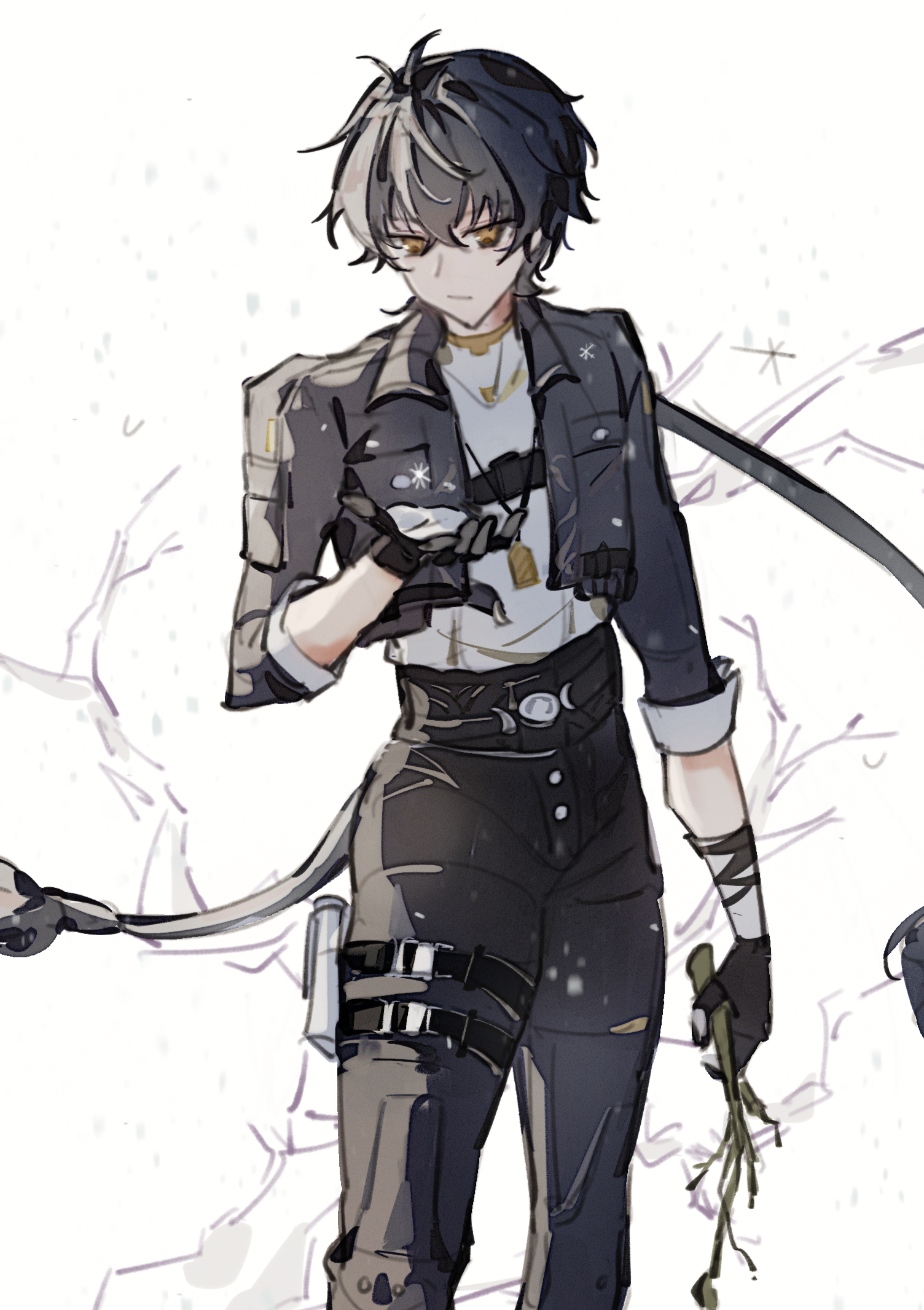 male rover (wuthering waves), rover (wuthering waves), wuthering waves, chinese commentary, commentary request, highres, 1boy, black gloves, black hair, black jacket, black pants, branch, collared jacket, gloves, grey shirt, hair between eyes, hand up, holding, holding branch, jacket, looking at hand, male focus, mijiu163, open clothes, open jacket, pants, pouch, shirt, sleeves rolled up, solo, thigh pouch, yellow eyes