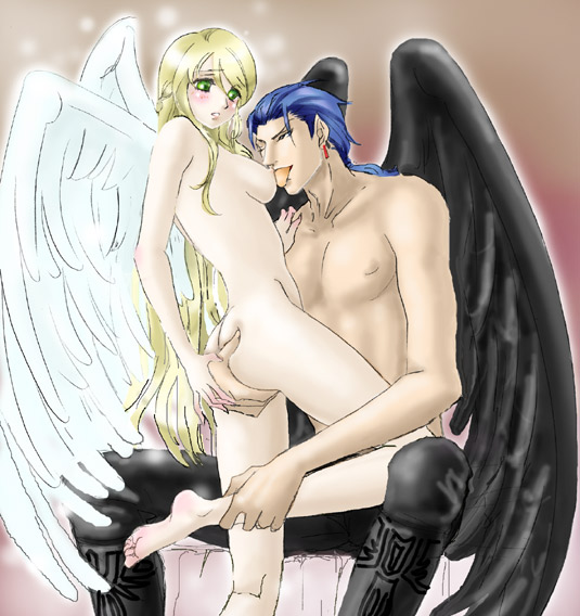 aozora kyuuji, leanne (fire emblem), naesala (fire emblem), fire emblem, fire emblem: path of radiance, fire emblem: radiant dawn, nintendo, ass grab, hand on shoulder, 1boy, 1girl, ass, bare shoulders, barefoot, black eyes, black wings, blonde hair, blue hair, blush, breasts, couple, earrings, feet, green eyes, hetero, jewelry, king, laguz (race), leg grab, licking, licking breast, licking nipple, long hair, medium breasts, nipple stimulation, nipples, nude, one eye closed, pointy ears, ponytail, sideboob, sitting, tongue, very long hair, wings, wink