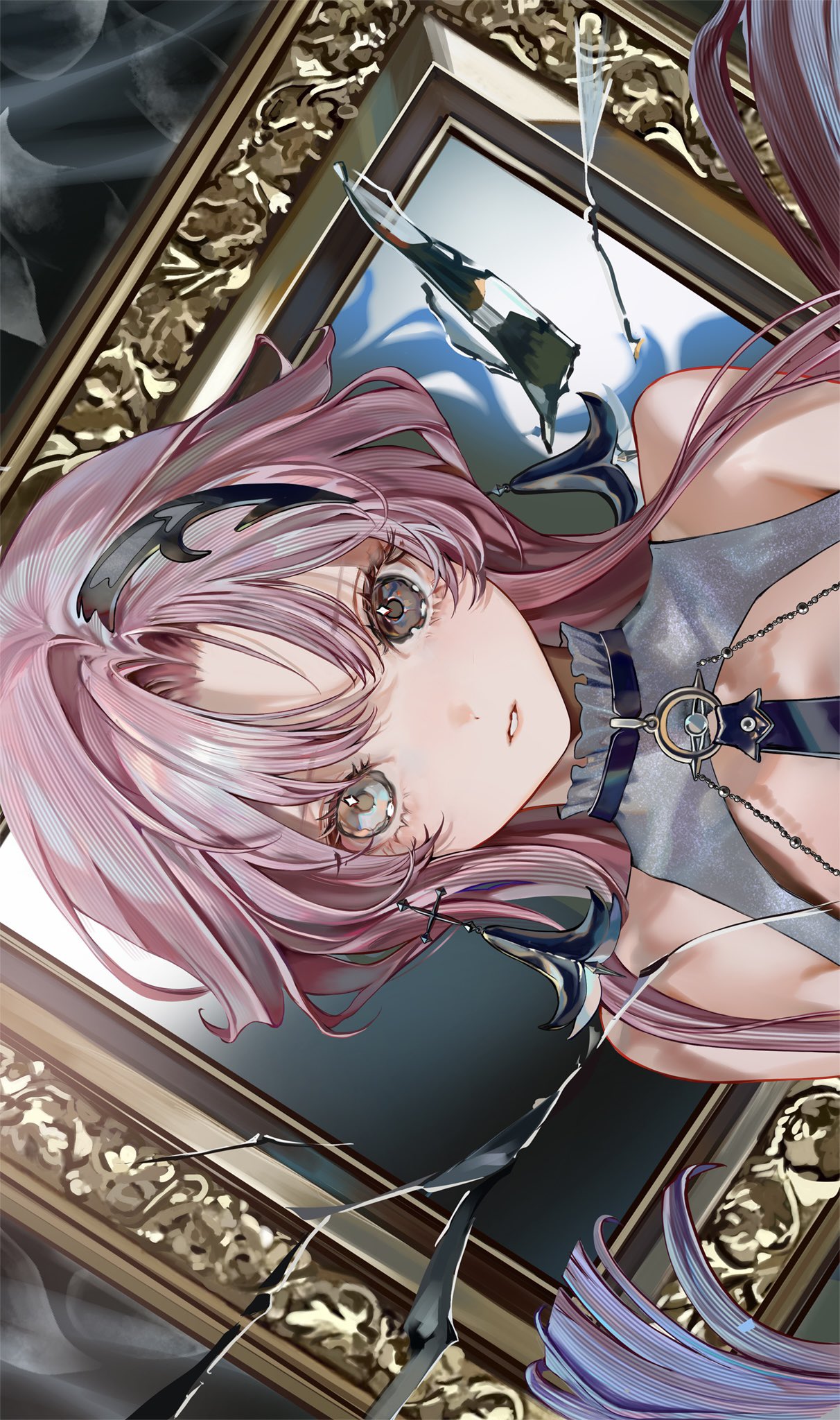 tnpp coc, kamitsubaki studio, sinsekai record, commentary, highres, official art, 1girl, bare shoulders, bema (sinsekai), brown eyes, close-up, earrings, grey eyes, hair ornament, heterochromia, jewelry, long hair, looking at viewer, parted bangs, parted lips, picture frame, pink hair, sideways, solo, upper body, virtual youtuber