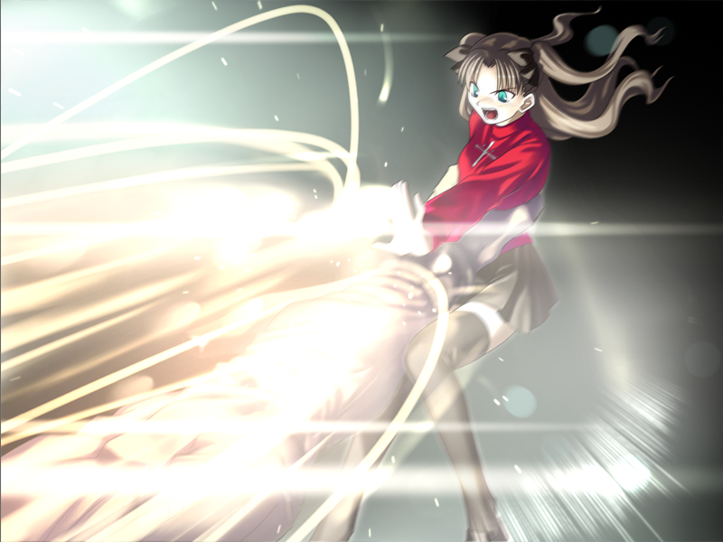 takeuchi takashi, tohsaka rin, fate/stay night, fate (series), game cg, official art, 00s, 1girl, aqua eyes, black hair, female focus, hair ribbon, long legs, magic, open mouth, ribbon, skirt, solo, thighhighs, twintails, two side up