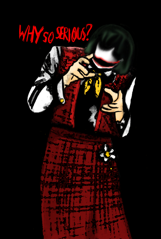 kazami yuuka, the joker, batman (series), dc comics, the dark knight, touhou, non-web source, 1girl, black background, creepy, dark, female focus, horror (theme), parody, solo, standing