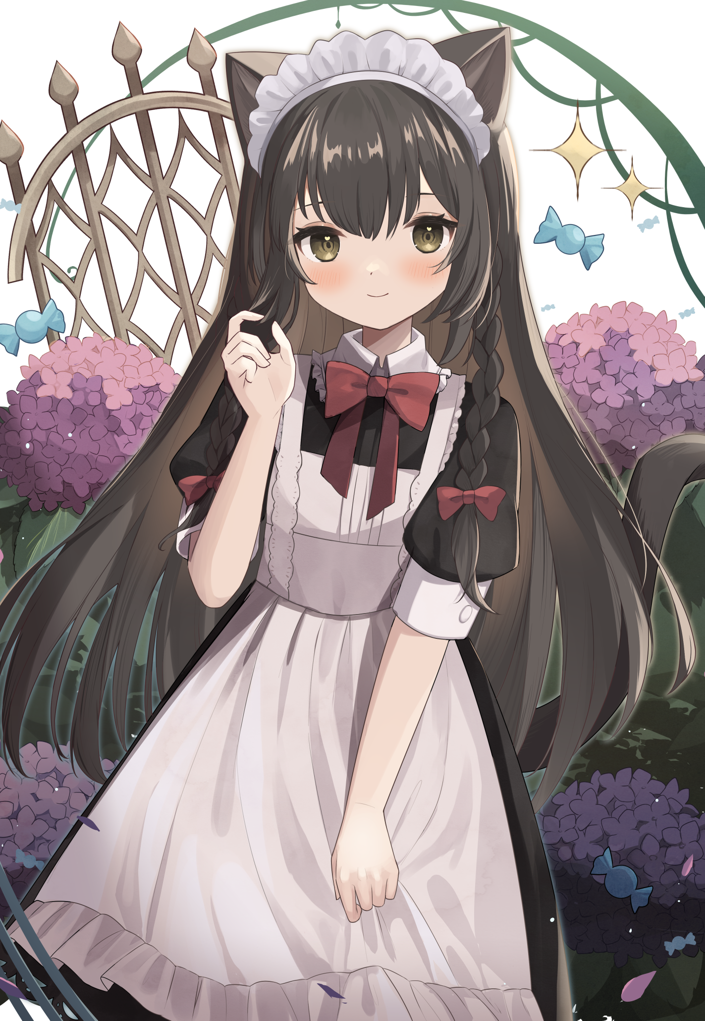 goma (u p), original, commentary request, highres, 1girl, animal ears, apron, black dress, blush, bow, bowtie, braid, brown eyes, brown hair, candy, cat ears, cat girl, cat tail, closed mouth, collared dress, contrast collar, cowboy shot, dress, flower, food, hair bow, hand up, hydrangea, long hair, looking at viewer, maid, maid headdress, red bow, red bowtie, short sleeves, single braid, smile, solo, sparkle, tail, white apron, wrapped candy