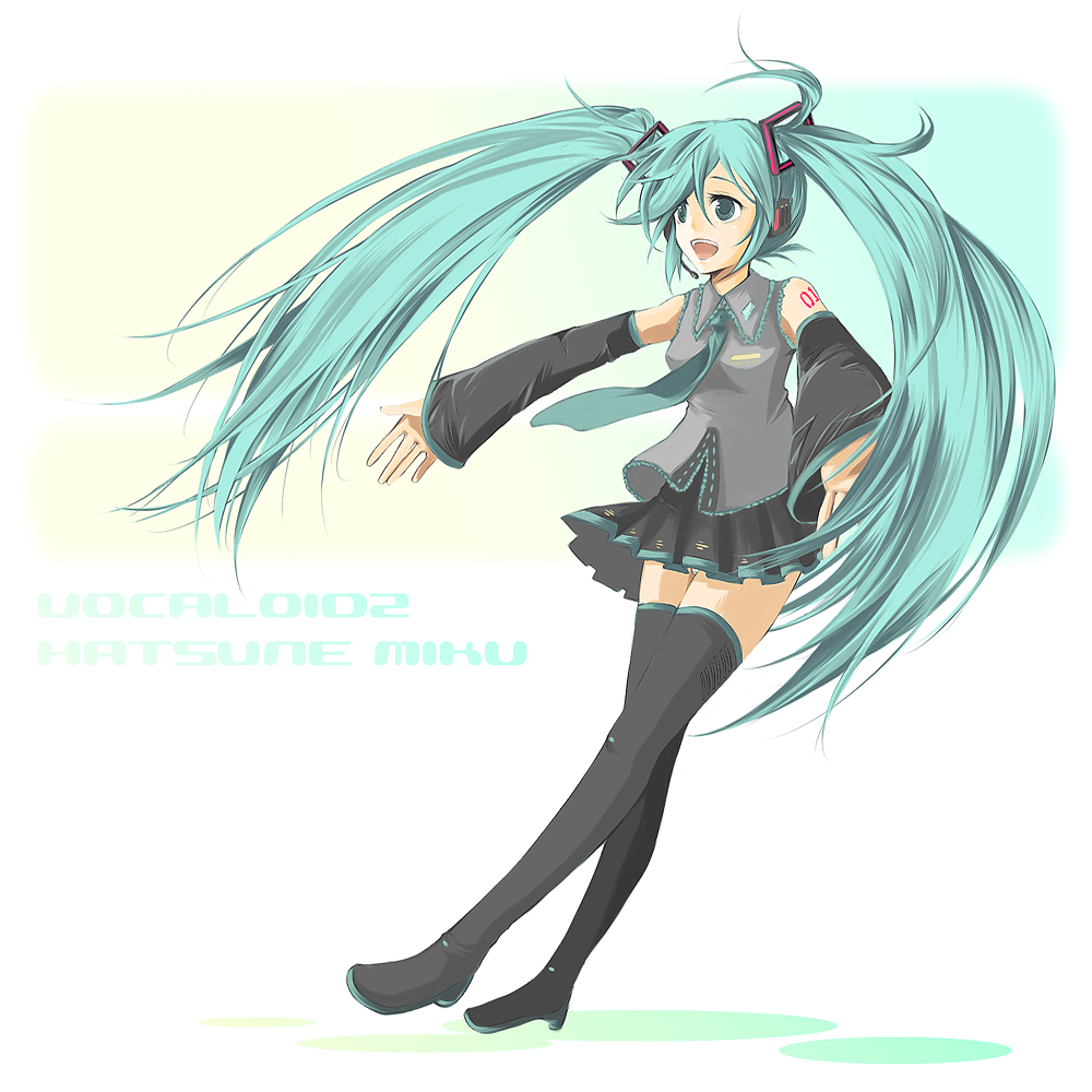 mukkun, hatsune miku, vocaloid, bad id, bad pixiv id, aqua eyes, aqua hair, detached sleeves, headset, long hair, necktie, skirt, solo, thighhighs, twintails, very long hair