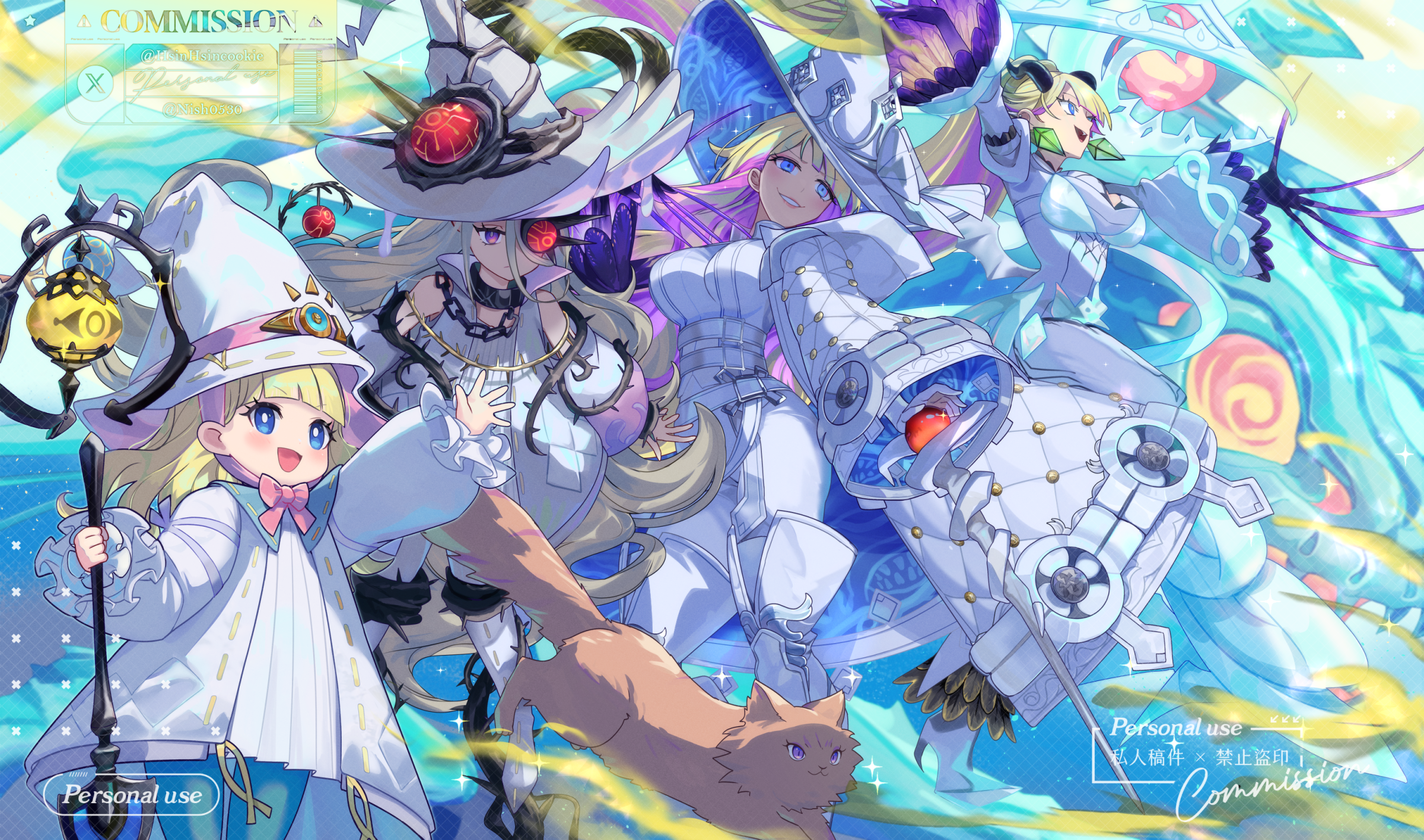 hsin, diabellze the original sinkeeper, diabellze the white witch, elzette azamina of the white forest, elzette of the white forest, yu-gi-oh!, highres, 4girls, blonde hair, blue eyes, blush, breasts, cat, closed mouth, dress, duel monster, fingernails, half mask, hat, holding, holding staff, large breasts, long fingernails, long hair, long sleeves, mask, multicolored hair, multiple girls, one eye covered, open mouth, pink eyes, pink hair, pink nails, sleeveless, sleeveless dress, smile, staff, thorns, very long hair, white dress, witch, witch hat