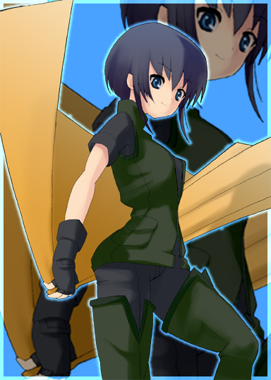 sora to umi, cathari, gensou suikoden, gensou suikoden v, 1girl, alternate hair color, black hair, black pants, blue background, blue eyes, boots, breasts, cape, closed mouth, female focus, fingerless gloves, from side, gloves, green boots, green vest, holding, holding unworn cape, holding unworn clothes, looking at viewer, looking down, pants, pocket, short hair, short sleeves, simple background, solo, standing, thigh boots, thighhighs, unworn cape, vest, zoom layer