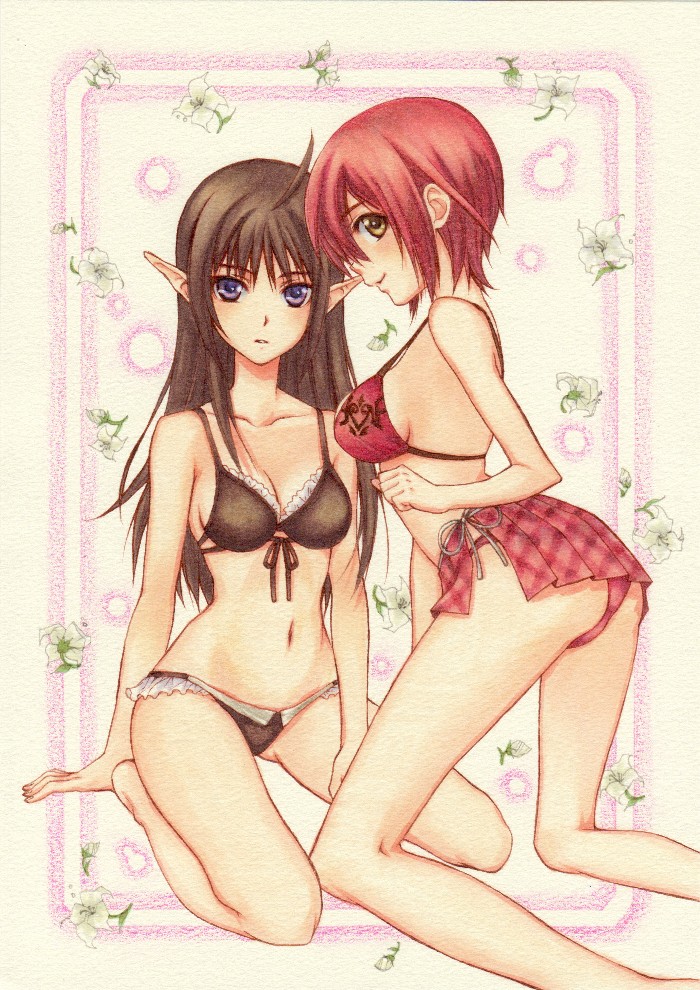sakikuro, seena kanon, xecty ein, sega, shining (series), shining wind, 2girls, ahoge, bikini, blush, breasts, brown eyes, brown hair, cleavage, kneeling, long hair, multiple girls, navel, pointy ears, purple eyes, red hair, short hair, sideboob, swimsuit