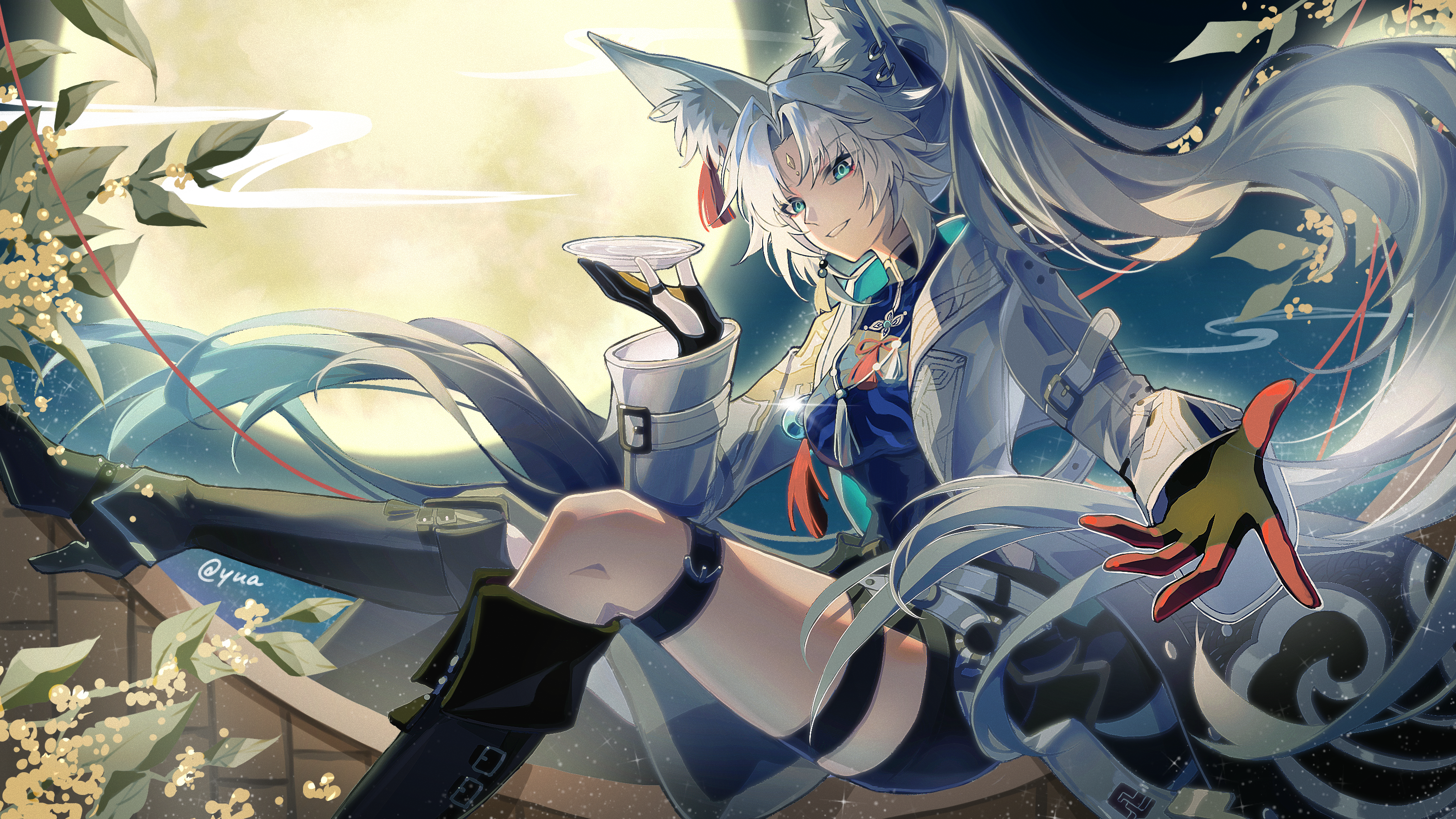 yua (0629xm), feixiao (honkai: star rail), honkai: star rail, honkai (series), absurdres, highres, 1girl, animal ear fluff, animal ear piercing, animal ears, artist name, black boots, black gloves, boots, breasts, cup, eyeliner, forehead jewel, fox ears, fox girl, gloves, green eyes, high ponytail, jacket, jewelry, long hair, looking at viewer, makeup, medium breasts, necklace, ponytail, red eyeliner, sakazuki, smile, thigh strap, very long hair, white hair, white jacket