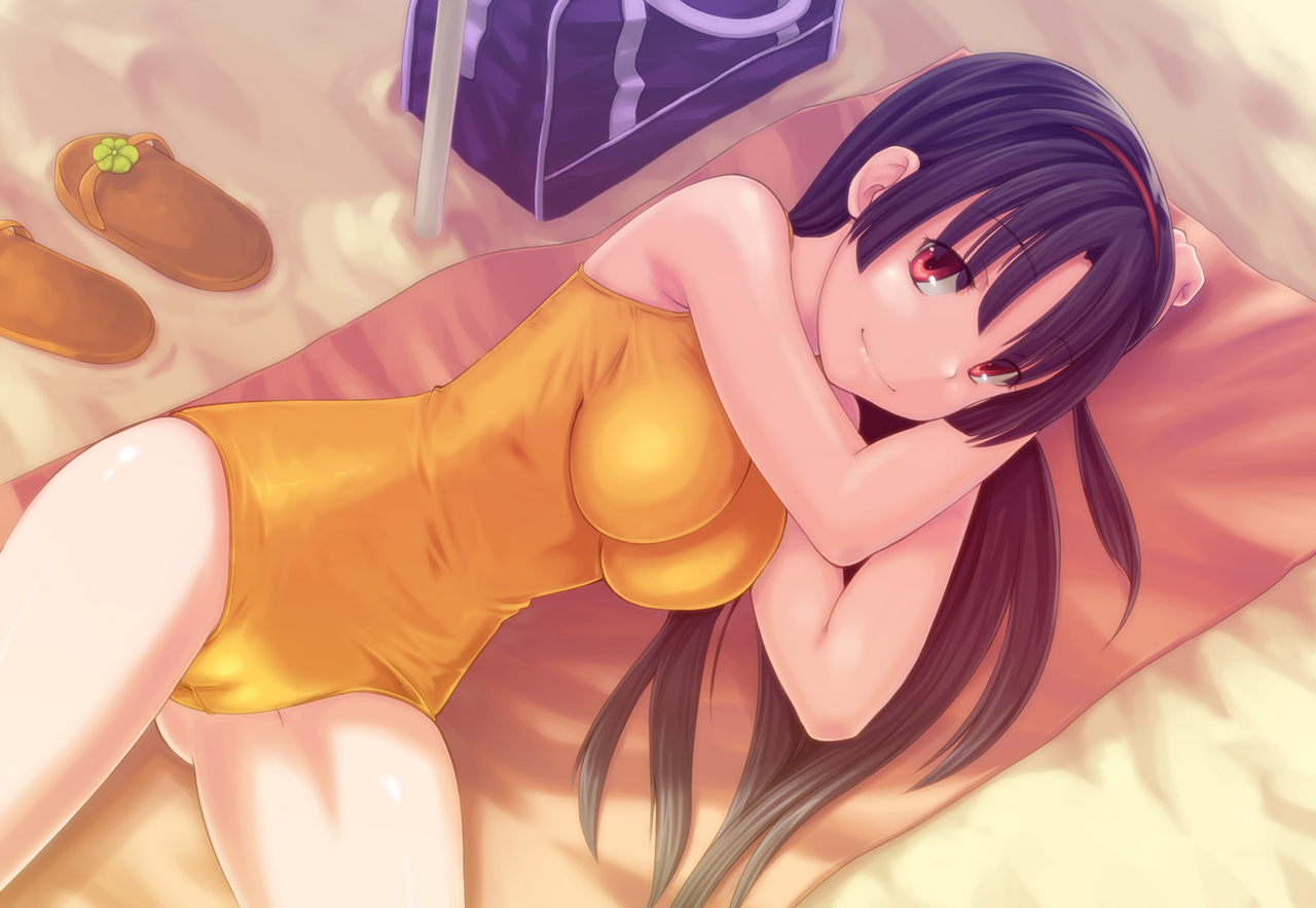 ardnades, original, 1girl, beach, black hair, breasts, brown hair, cameltoe, crotch, female focus, flip-flops, hair ornament, hairband, impossible clothes, impossible swimsuit, large breasts, long hair, looking at viewer, lying, on side, one-piece swimsuit, outdoors, red eyes, sand, sandals, smile, solo, swimsuit, thighs, yellow one-piece swimsuit