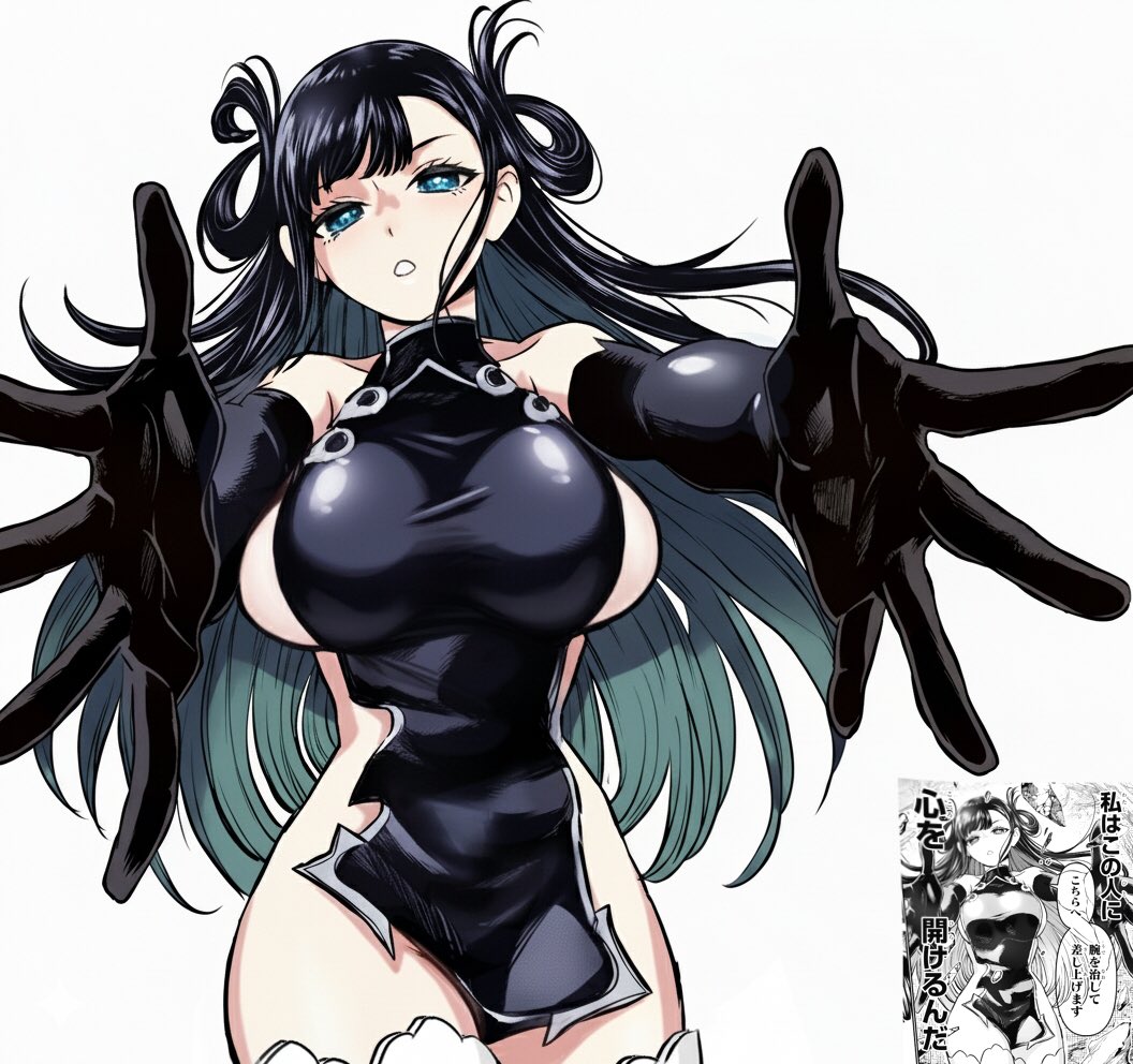 kuniruri natsuki, nue no onmyouji, colorized, 1girl, blue eyes, breasts, bright pupils, colored inner hair, dress, elbow gloves, gloves, gradient hair, grey hair, hair rings, large breasts, long hair, mole, mole under eye, multicolored hair, no bra, open mouth, pelvic curtain, reaching, reaching towards viewer, scene reference, sideboob, sleeveless, solo, suiren415, symbol-shaped pupils, thighs, two-tone hair, white pupils