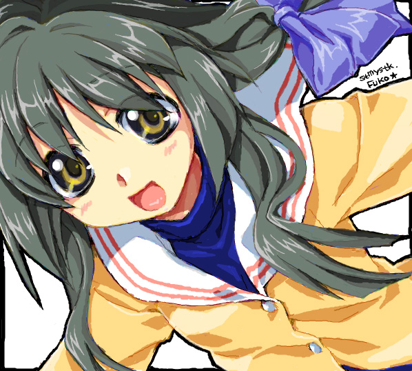 satomi yoshitaka, ibuki fuuko, clannad, 00s, 1girl, :d, blush, brown eyes, female focus, green hair, long hair, long sleeves, looking at viewer, open mouth, outstretched arms, ribbon, school uniform, simple background, smile, solo, upper body, white background, yellow eyes