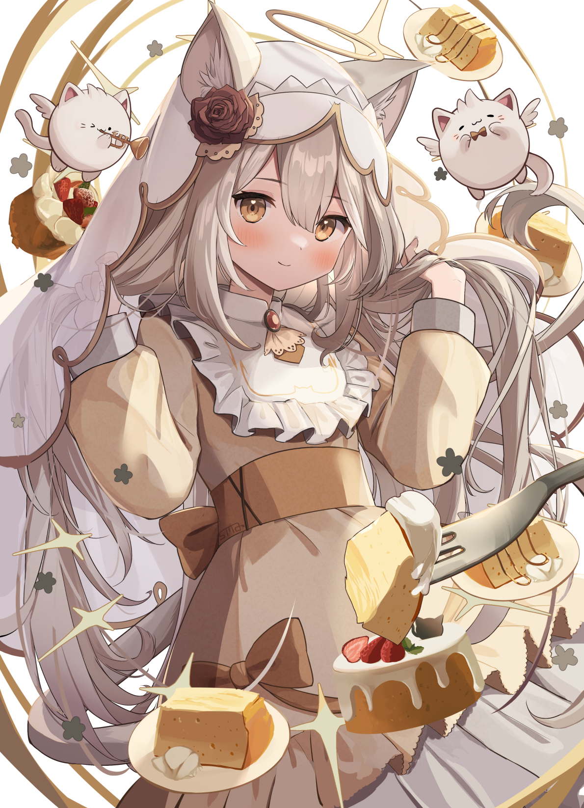 goma (u p), original, commentary request, highres, 1girl, animal ear fluff, animal ears, blush, cake, cat, cat ears, cat girl, cat tail, closed mouth, cowboy shot, dress, food, fork, grey hair, hair between eyes, hands up, holding, holding own hair, long hair, long sleeves, looking at viewer, smile, solo, tail, veil, white background, white veil, yellow dress, yellow eyes