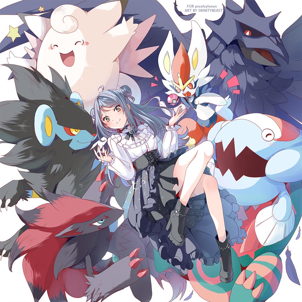 srinitybeast, cinderace, clefable, corviknight, dracovish, luxray, zoroark, nintendo, pokemon, character request, 1girl, ahoge, blue hair, blush, boots, double bun, gen 1 pokemon, gen 4 pokemon, gen 5 pokemon, gen 8 pokemon, green eyes, hair bun, high-waist skirt, high heel boots, high heels, long hair, pokemon (creature), skirt, smile