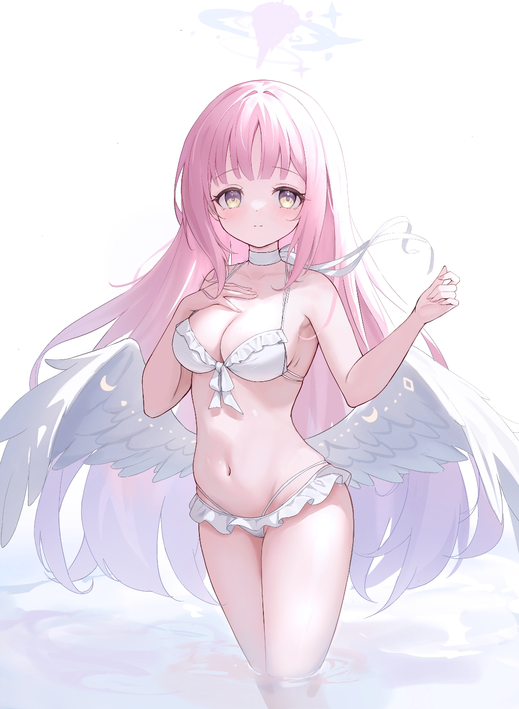 mika (blue archive), mika (swimsuit) (blue archive), blue archive, highres, 1girl, angel wings, bikini, breasts, choker, cleavage, collarbone, feathered wings, frilled bikini, frills, halo, hand on own chest, looking at viewer, low wings, medium breasts, navel, official alternate costume, official alternate hairstyle, pink hair, pink halo, purple eyes, solo, stomach, swimsuit, tea party (blue archive), user zndk4343, white bikini, white choker, white wings, wings