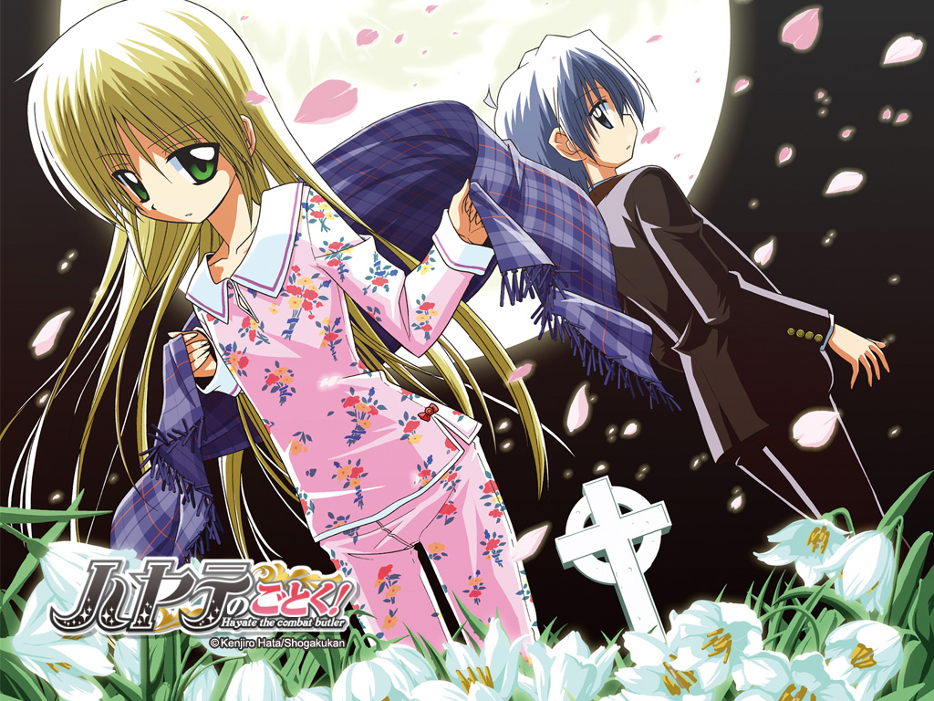 hata kenjirou, ayasaki hayate, sanzen'in nagi, hayate no gotoku!, official art, official wallpaper, 00s, 1boy, 1girl, blonde hair, blue eyes, blue hair, butler, cherry blossoms, child, cross, flower, green eyes, moon, pajamas, scarf, snowbell (flower)