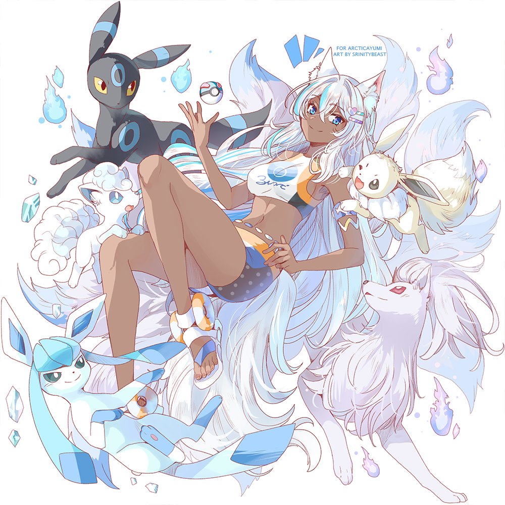 srinitybeast, alolan ninetales, alolan vulpix, eevee, glaceon, umbreon, nintendo, pokemon, alolan form, alternate color, animal ears, blue hair, breasts, dark-skinned female, dark skin, fox ears, gen 1 pokemon, gen 2 pokemon, gen 4 pokemon, gen 7 pokemon, hitodama, long hair, medium breasts, navel, pokemon (creature), shiny pokemon, shorts, very long hair, white hair