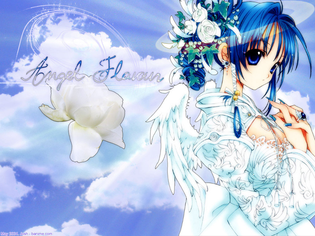 nanase aoi, angel flavor, 1girl, angel, angel wings, bell, blue eyes, blue hair, earrings, english text, female focus, flower, jewelry, matching hair/eyes, solo, wing earrings, wings