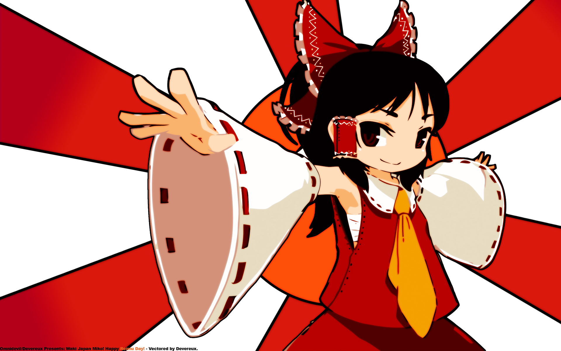 mota, hakurei reimu, touhou, derivative work, highres, vector trace, 1girl, black hair, brown eyes, detached sleeves, female focus, hair ribbon, japanese clothes, miko, necktie, ribbon, skirt, solo, white background