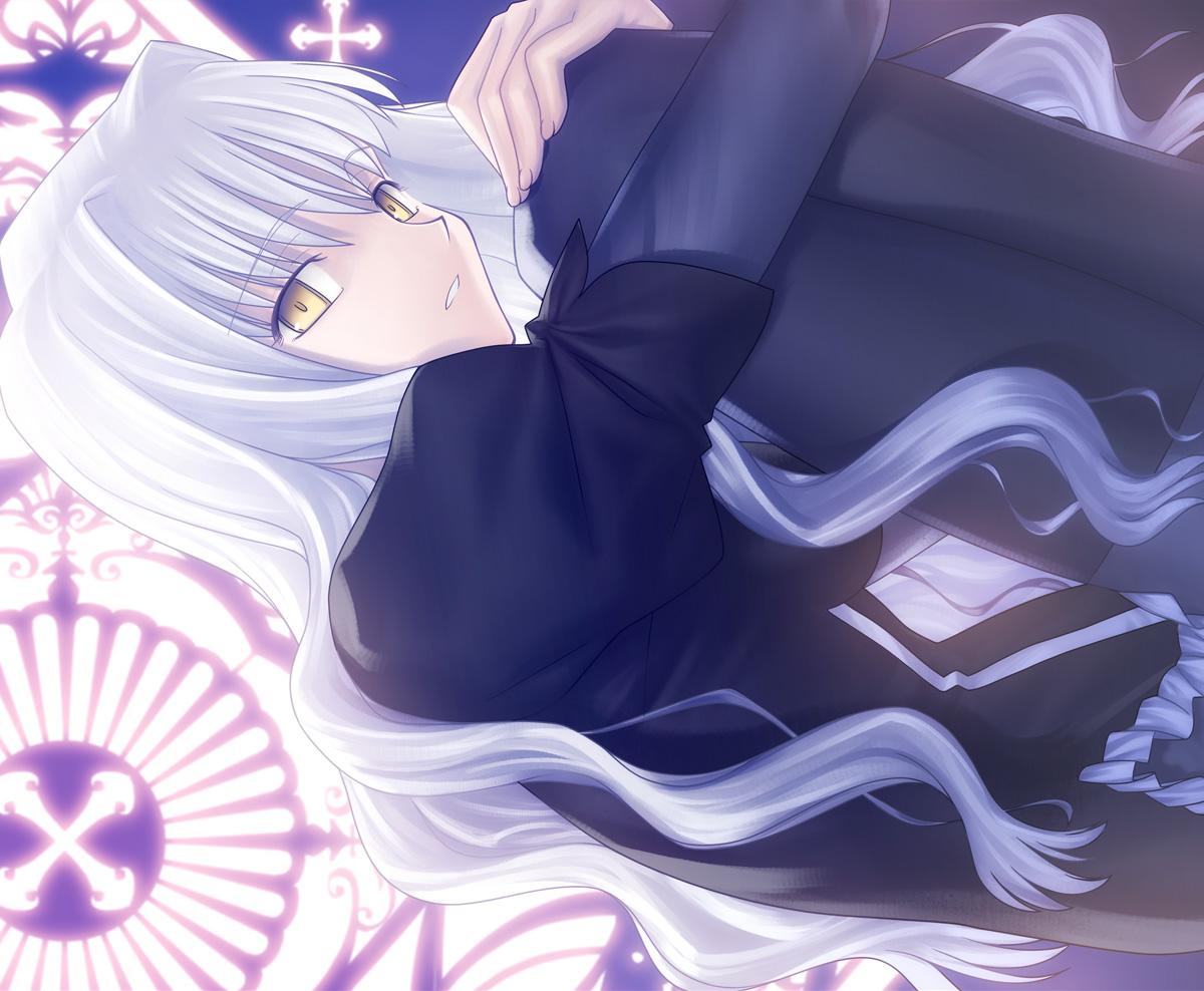 takeuchi takashi, caren hortensia, fate/hollow ataraxia, fate/stay night, fate (series), 00s, cross, layered sleeves, pantyhose, solo, white hair, yellow eyes