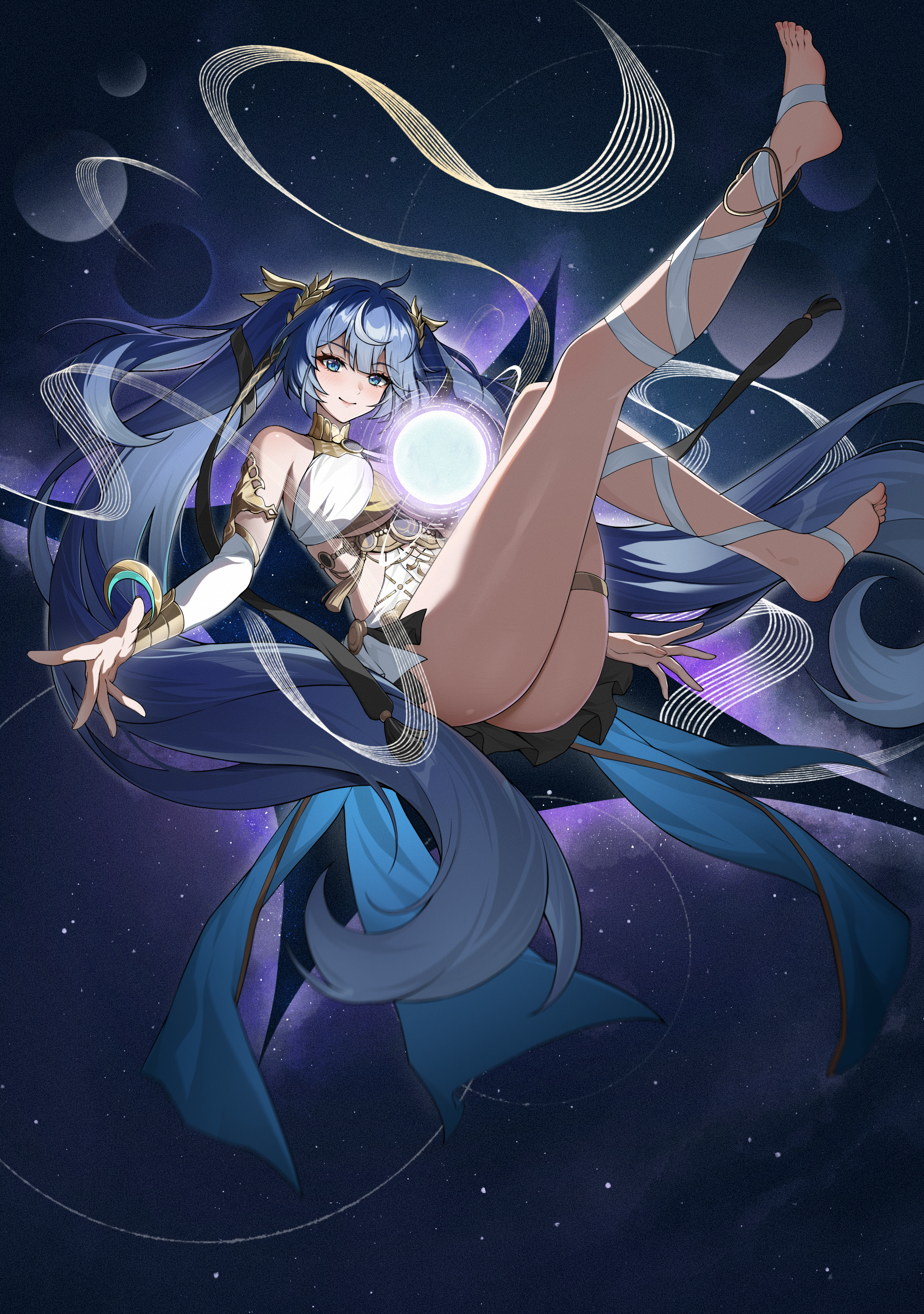 paradox (parapa), iuno (wuthering waves), wuthering waves, absurdres, commentary, highres, 1girl, ahoge, ancient greek clothes, armlet, bare shoulders, barefoot, black skirt, blue eyes, blue hair, blush, breasts, closed mouth, feet, gold bra, greco-roman clothes, hair belt, jewelry, large breasts, laurel crown, leg wrap, long hair, looking at viewer, multicolored hair, orb, showgirl skirt, skirt, smile, solo, streaked hair, thighlet, thighs, toes, twintails, very long hair