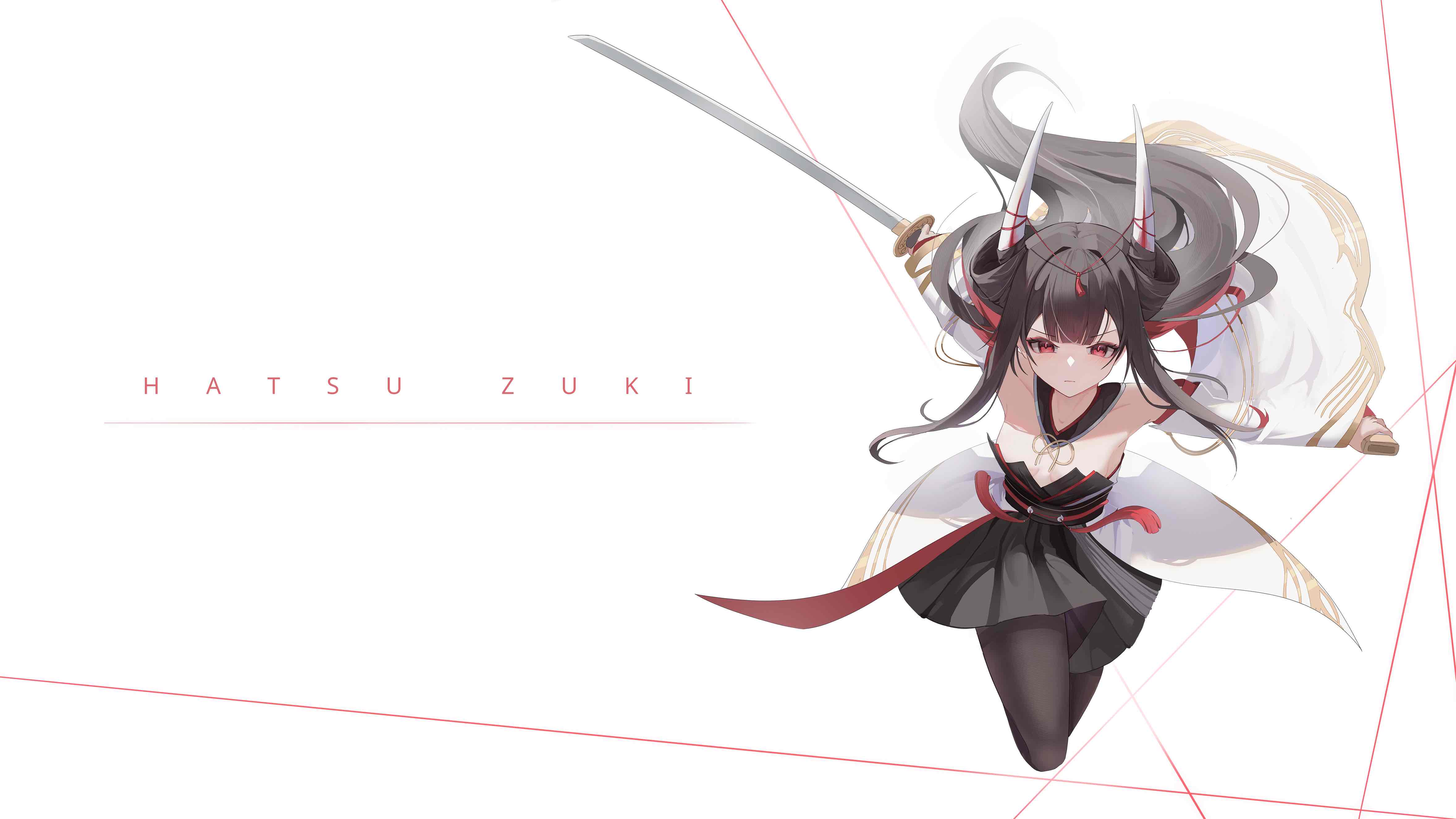 galodos, hatsuzuki (azur lane), azur lane, absurdres, commentary, english commentary, highres, 1girl, bare shoulders, black dress, black hair, black pantyhose, character name, dress, holding, holding sword, holding weapon, horn ornament, horns, japanese clothes, katana, kimono, long hair, looking at viewer, pantyhose, red eyes, simple background, solo, strapless, strapless dress, sword, very long hair, weapon, white background, white horns, white kimono