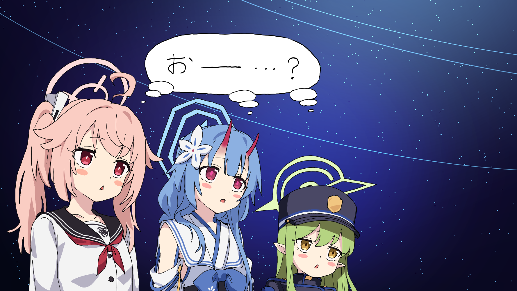 momomatang, chise (blue archive), hikari (blue archive), natsu (blue archive), blue archive, commentary request, highres, translated, 3girls, :o, ahoge, blank stare, blue hair, blue halo, blush stickers, cardigan, flower, green hair, green halo, hair flower, hair ornament, halo, hat, horns, jitome, long hair, meme, multiple girls, night, night sky, oni, pantyhose, peaked cap, pink hair, pink halo, pointy ears, red eyes, sailor collar, school uniform, serafuku, side ponytail, skin-covered horns, sky, space cat (meme), speech bubble, star (sky), starry sky, thought bubble, trait connection, triangle mouth, white cardigan, yellow eyes
