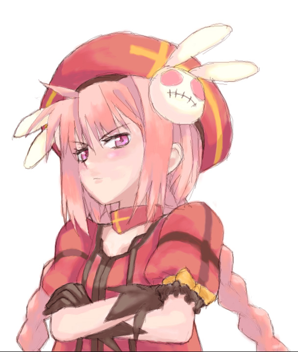 vita (nanoha), lyrical nanoha, mahou shoujo lyrical nanoha, mahou shoujo lyrical nanoha a's, 00s, 1girl, braid, crossed arms, female focus, gloves, hat, pink eyes, rabbit, red hair, solo, twin braids