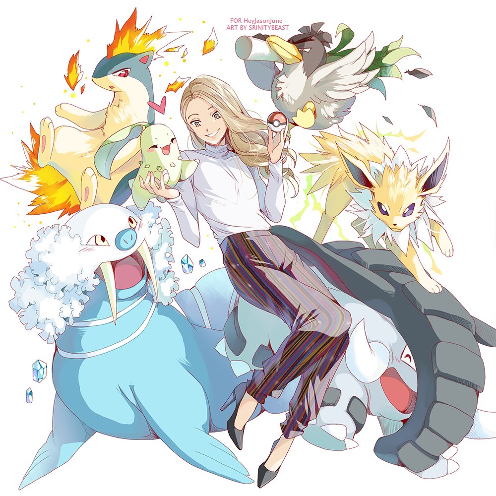 srinitybeast, chikorita, donphan, farfetch'd, jolteon, quilava, walrein, nintendo, pokemon, commission, 1boy, androgynous, artist name, blonde hair, closed eyes, full body, gen 1 pokemon, gen 2 pokemon, gen 3 pokemon, grin, holding, holding poke ball, long hair, pants, poke ball, pokemon (creature), smile, striped clothes, striped pants, vertical-striped clothes, vertical-striped pants, white background