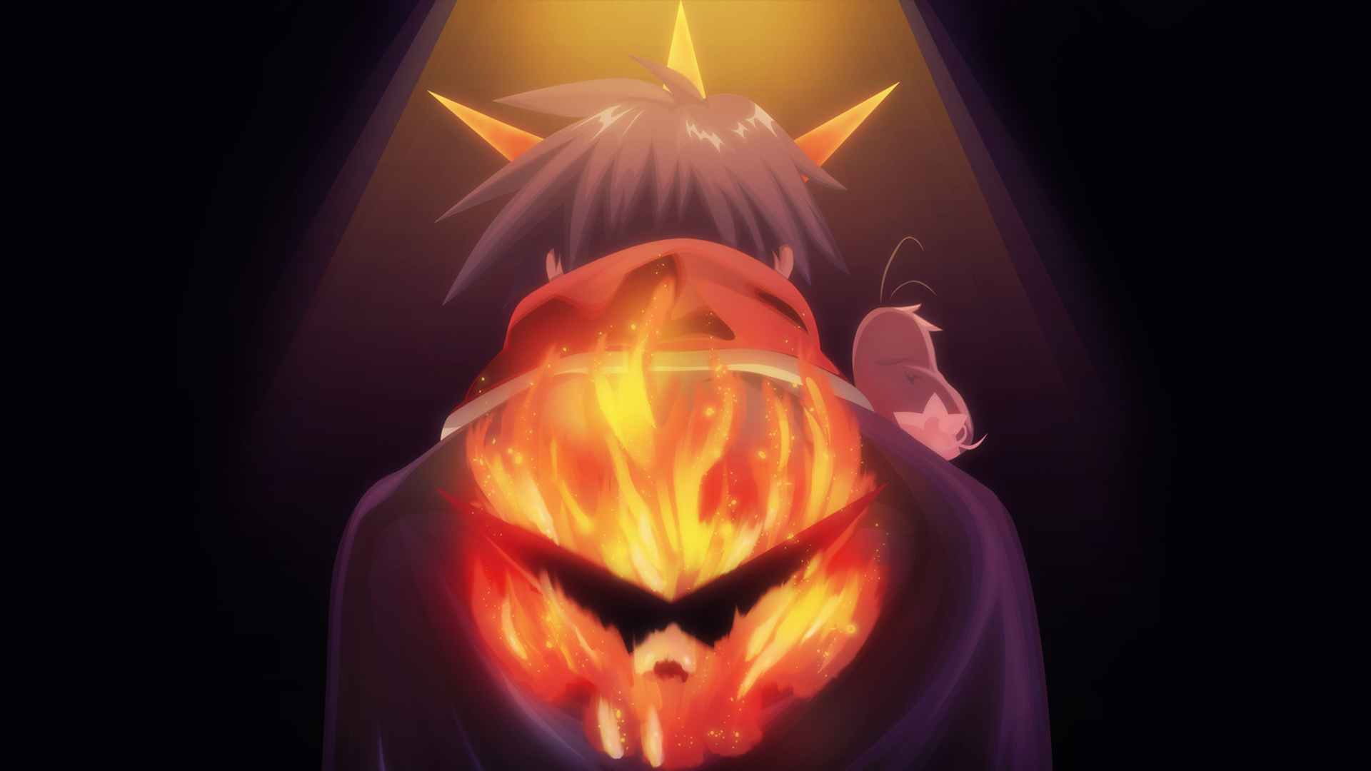 boota (ttgl), simon (ttgl), tengen toppa gurren lagann, highres, 00s, 1boy, animal, back, black hair, cape, fire, gradient background, male focus, skull, solo, upper body
