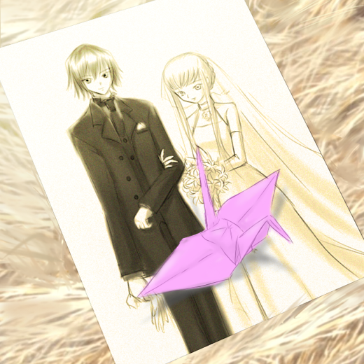 dahlia (tiamatdahlia), c.c., lelouch vi britannia, code geass, 00s, bouquet, bow, bride, dress, flower, formal clothes, hair bow, long hair, necktie, origami, paper crane, suit, wedding, wedding dress