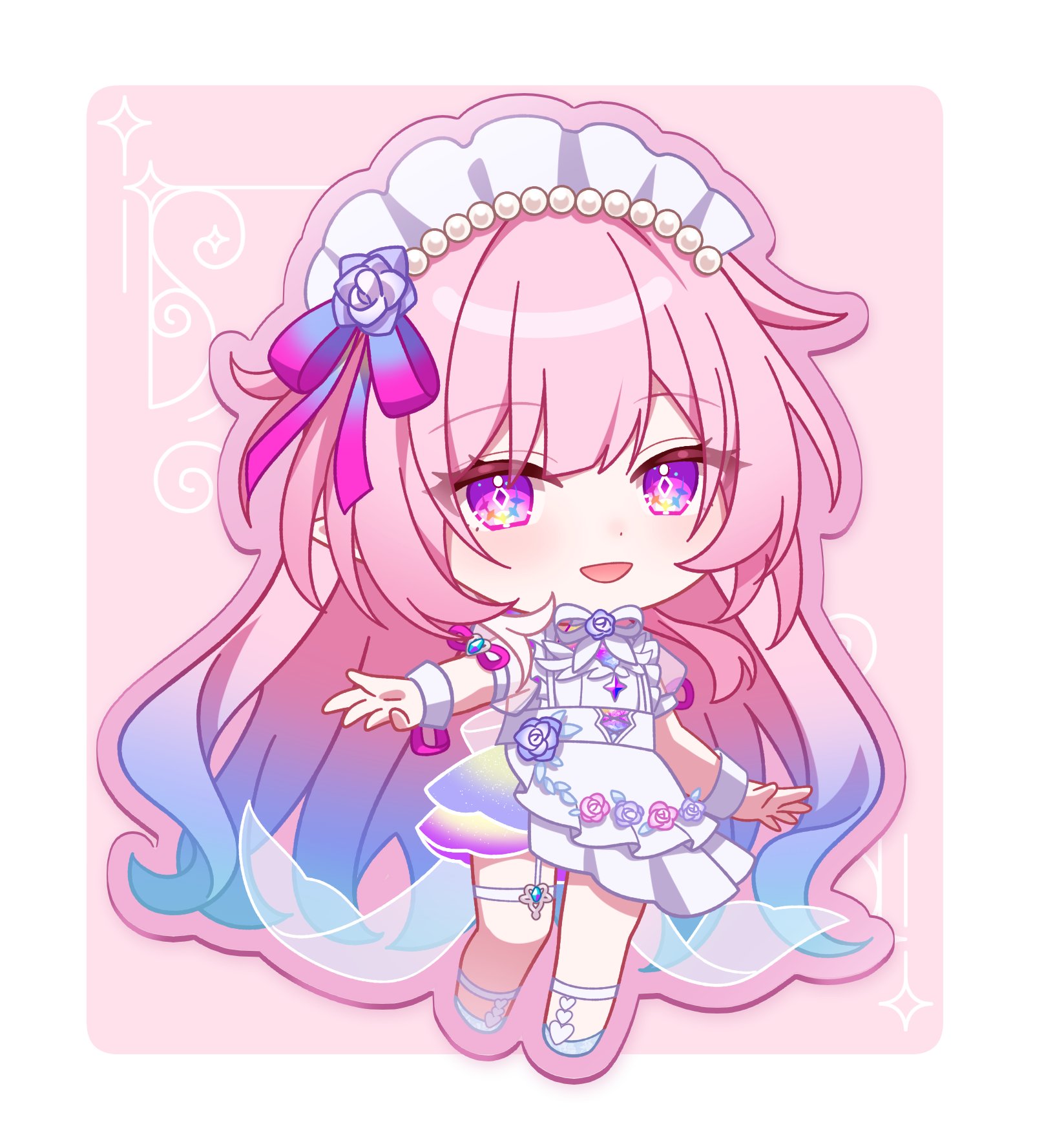 pochimaru (marumaru wanwan), cyrene (honkai: star rail), cyrene (ripples of past reverie) (honkai: star rail), honkai: star rail, honkai (series), commentary request, highres, 1girl, alternate costume, apron, blue hair, border, chibi, chibi only, diamond-shaped pupils, diamond (shape), dress, enmaided, gradient hair, hair ribbon, light blush, long hair, looking at viewer, maid, maid headdress, multicolored hair, open mouth, outstretched arms, pink background, pink hair, pointy ears, purple dress, purple eyes, purple ribbon, ribbon, sidelocks, smile, solo, symbol-shaped pupils, very long hair, white border