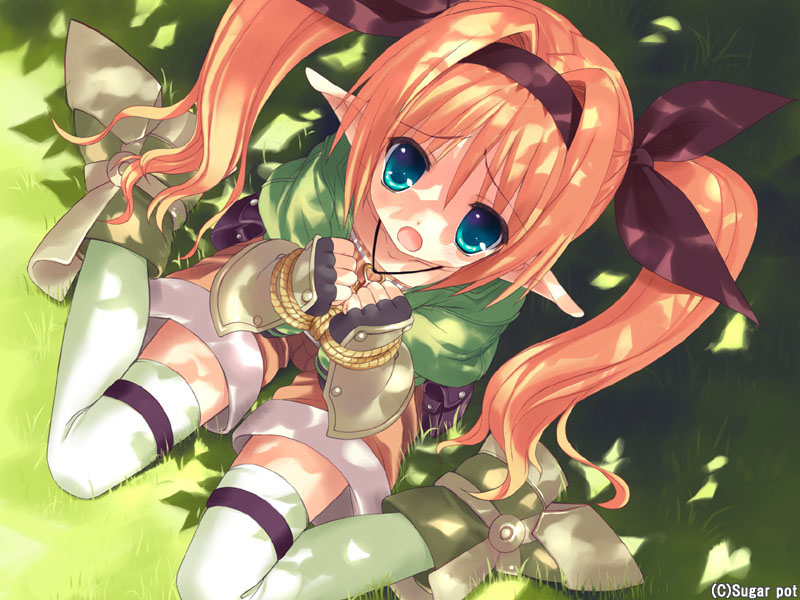 sasori gatame, sasorigatame, carol miruto, wizard girl ambitious, game cg, 10s, 1girl, bdsm, blonde hair, blue eyes, bondage, bound, bound wrists, dappled sunlight, elf, female focus, fingerless gloves, from above, gloves, grass, jewelry, long hair, looking up, necklace, open mouth, pointy ears, rope, shorts, sitting, solo, sunlight, thighhighs, twintails, watermark, white thighhighs, zettai ryouiki