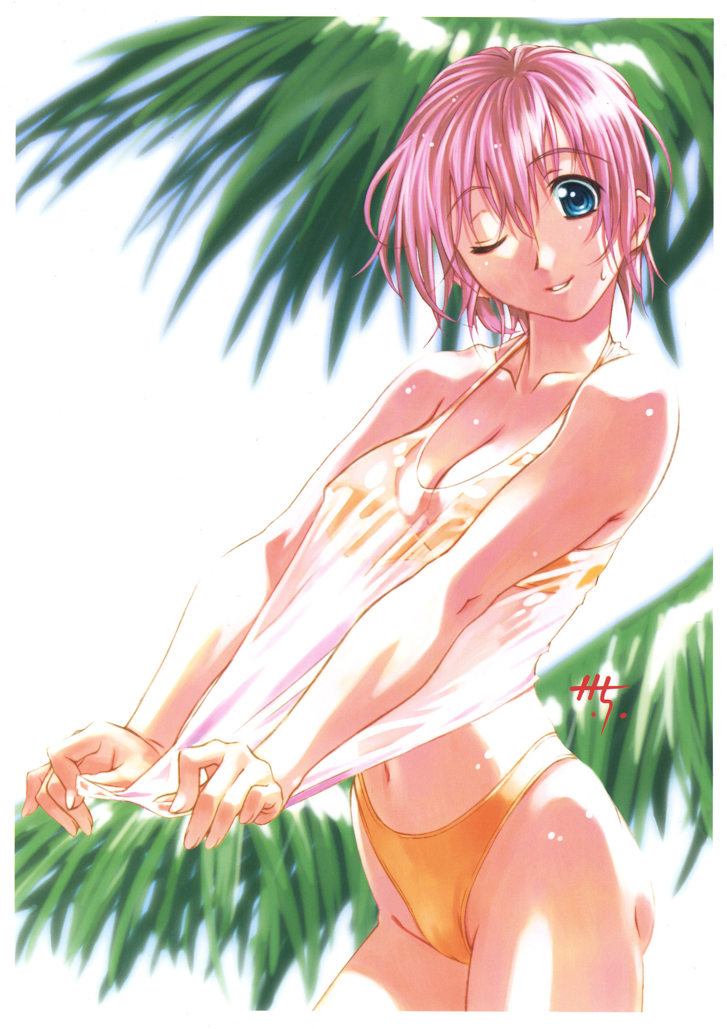 haritama hiroki, highres, non-web source, 1girl, beach, bikini, blue eyes, breasts, cameltoe, cleavage, female focus, navel, one eye closed, orange bikini, pink hair, see-through clothes, shirt, short hair, sleeveless, sleeveless shirt, solo, swimsuit, wet, wet clothes, wet shirt, wink
