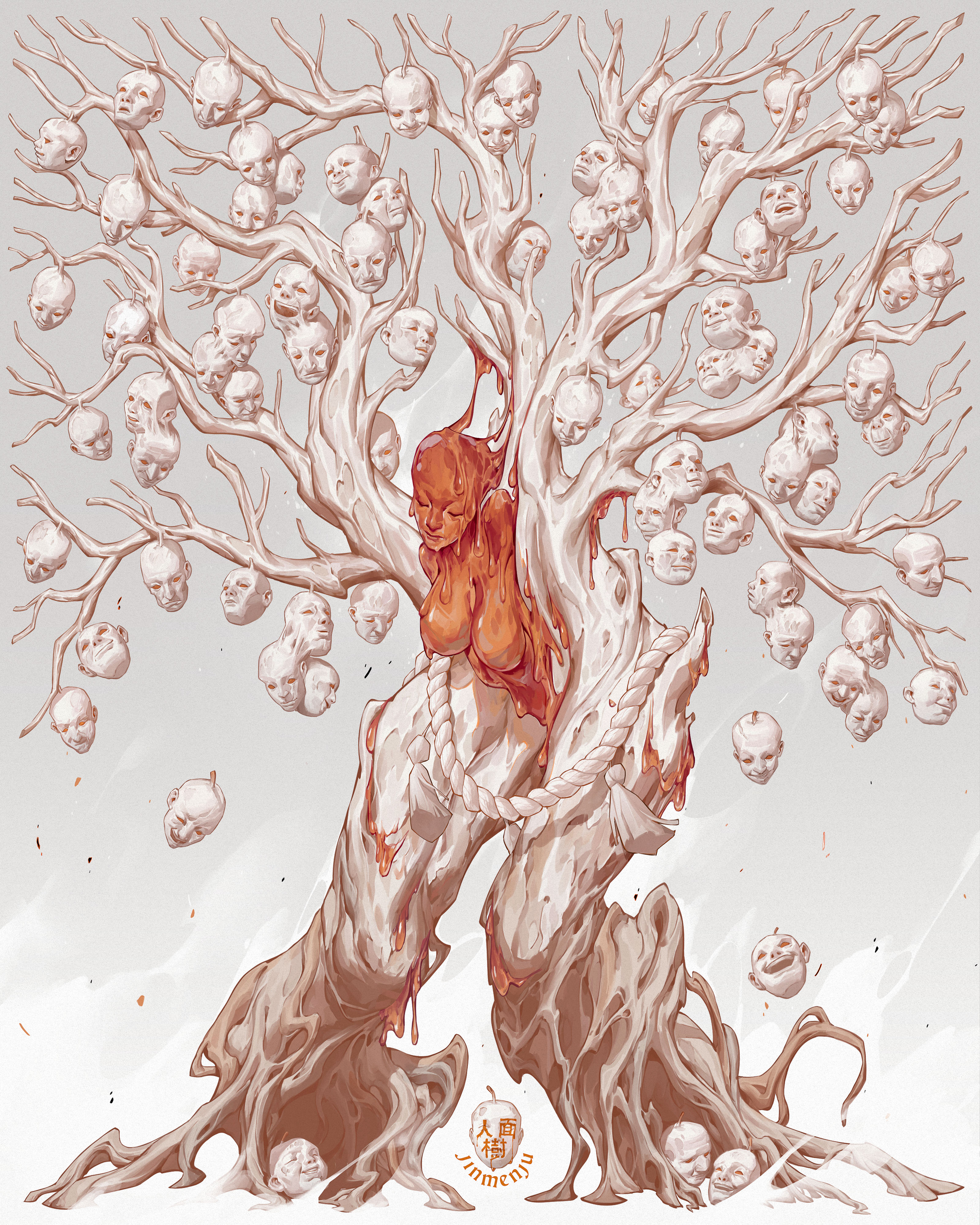 patrick ganas, original, absurdres, highres, breasts, character name, closed eyes, full body, grey background, large breasts, monster girl, orange eyes, plant girl, slime girl, smile, solo, tree resin, white tree
