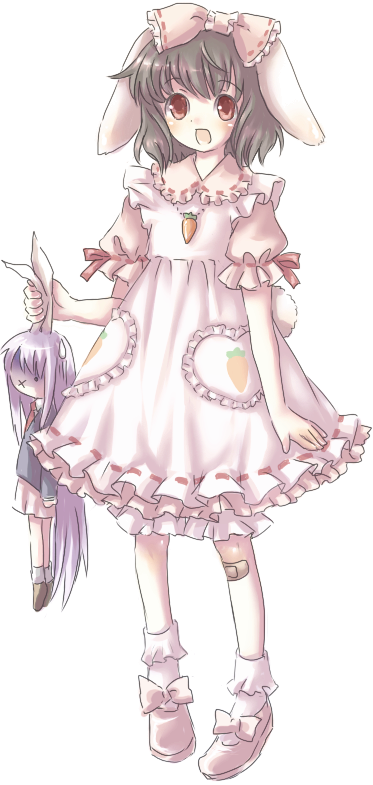 neme, inaba tewi, reisen udongein inaba, touhou, bad id, bad pixiv id, long image, tall image, 2girls, animal ears, bandages, female focus, full body, gothic lolita, lolita fashion, multiple girls, rabbit ears, ribbon, simple background, standing, white background, x mouth