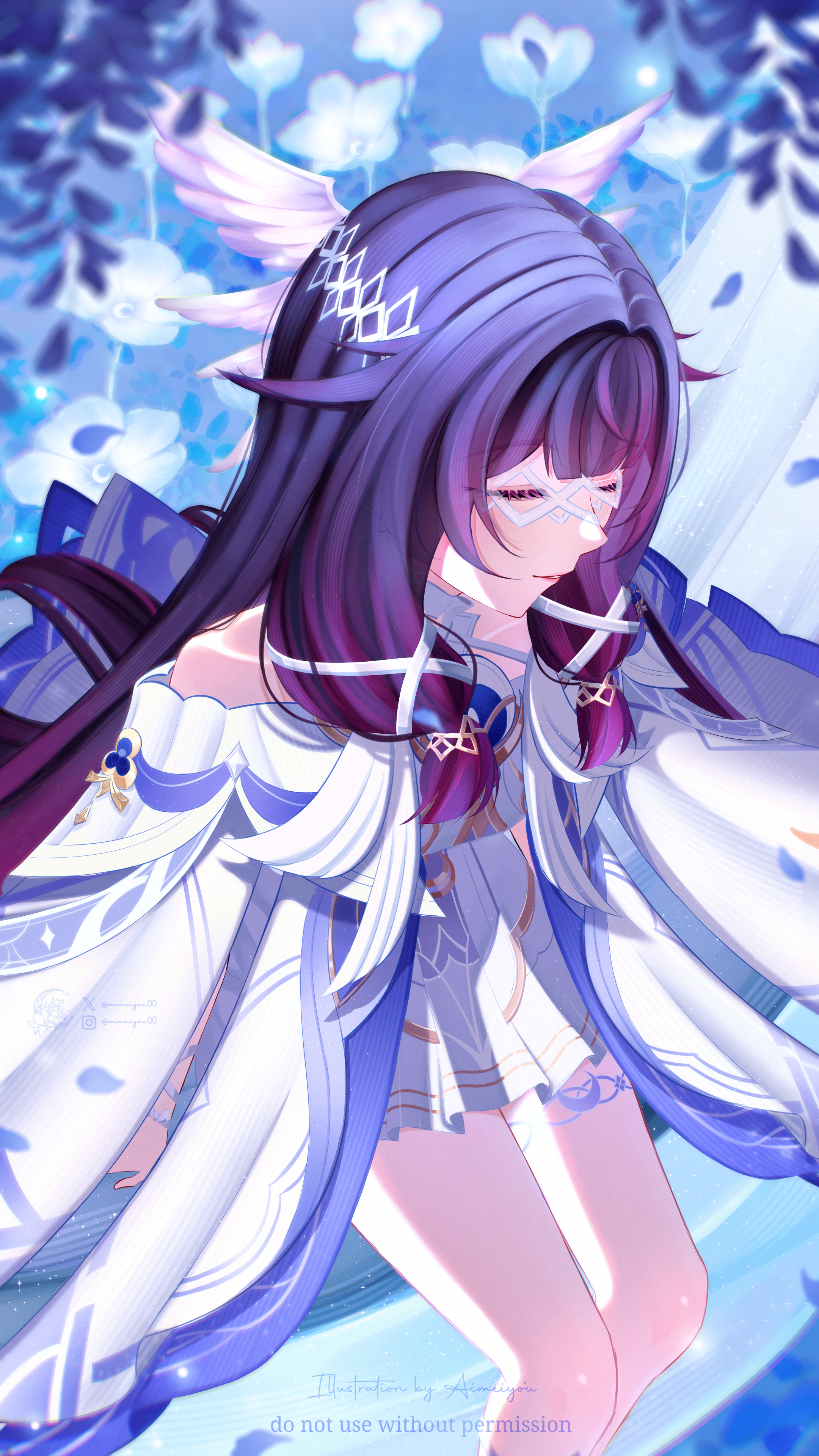 aimeiyou00, columbina (genshin impact), genshin impact, absurdres, highres, 1girl, black hair, closed eyes, collarbone, dress, feathered wings, flower, hair ribbon, head wings, long hair, moon, multicolored hair, multiple wings, parted lips, pink hair, ribbon, sidelocks, sitting, smile, solo, very long hair, white dress, white flower, white ribbon, wings