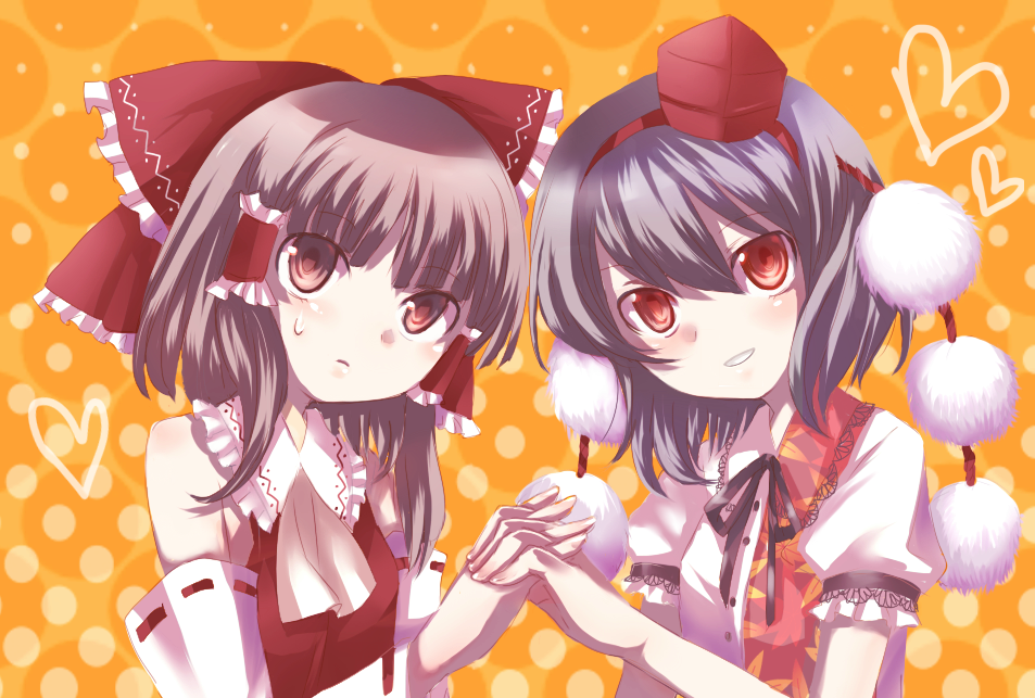 neme, hakurei reimu, shameimaru aya, touhou, bad id, bad pixiv id, 2girls, black hair, female focus, hat, holding hands, multiple girls, red eyes, ribbon